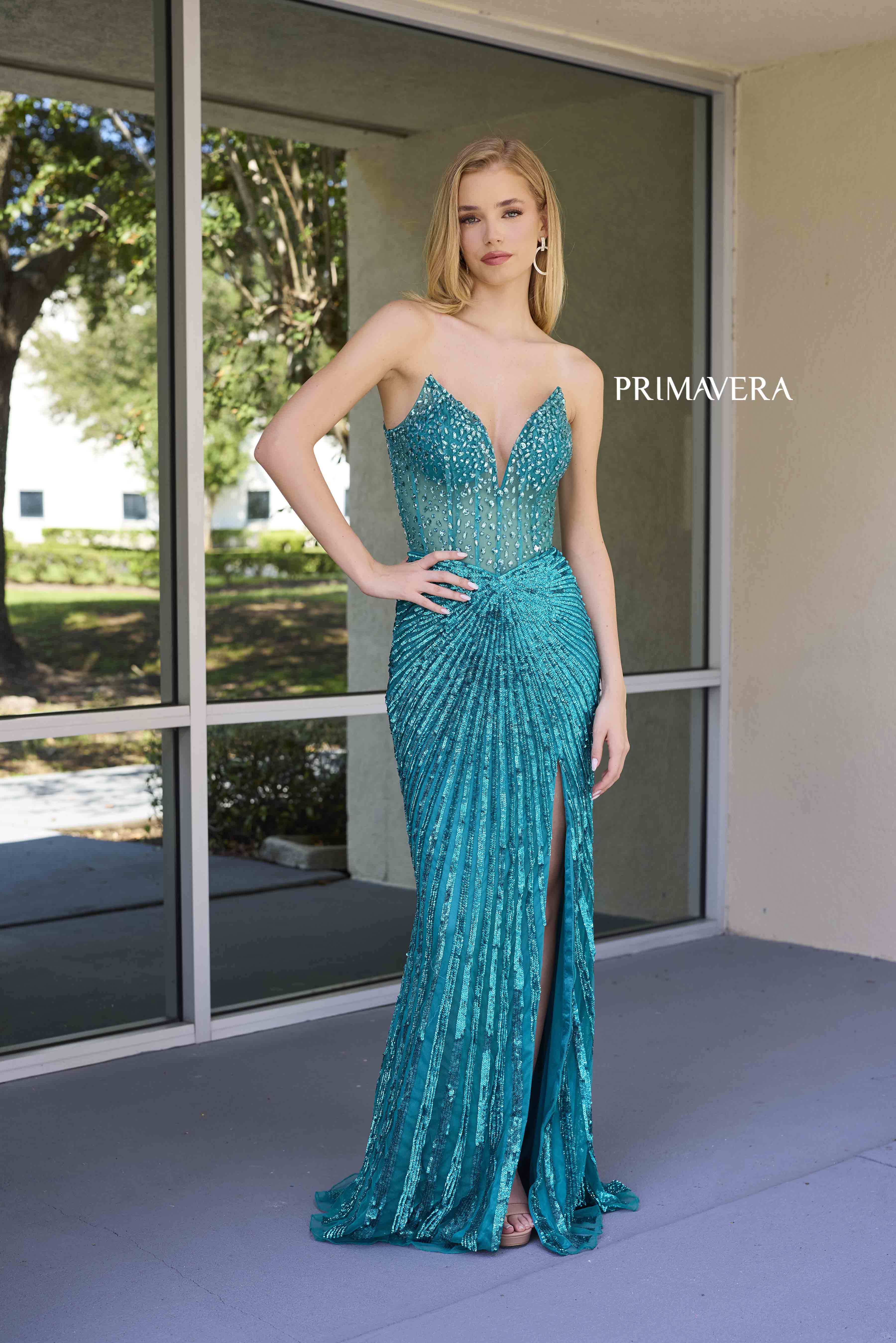 Primavera Couture -4304 Strapless Sheer Corset Bodice Prom Gown With High Leg Slit