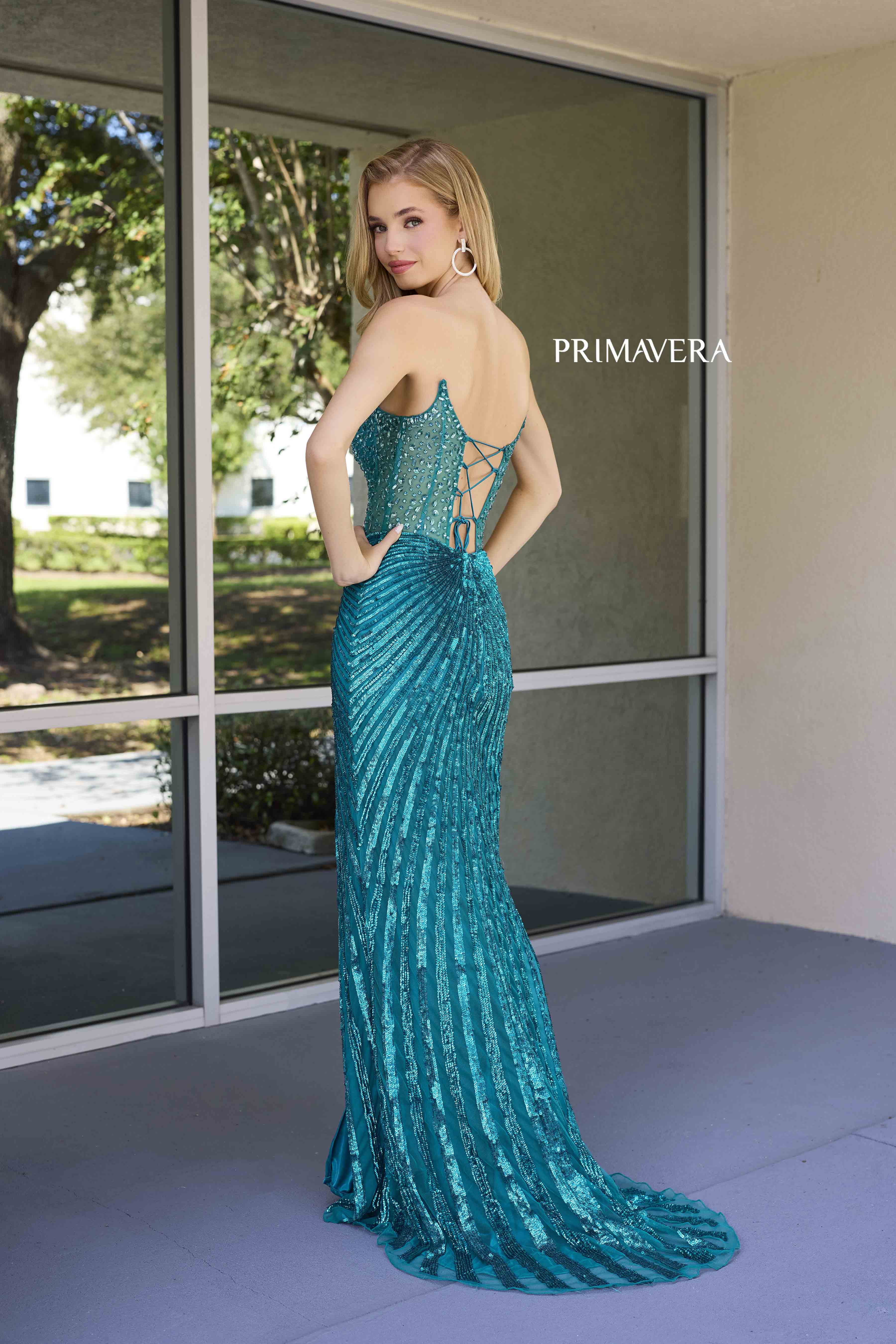 Primavera Couture -4304 Strapless Sheer Corset Bodice Prom Gown With High Leg Slit