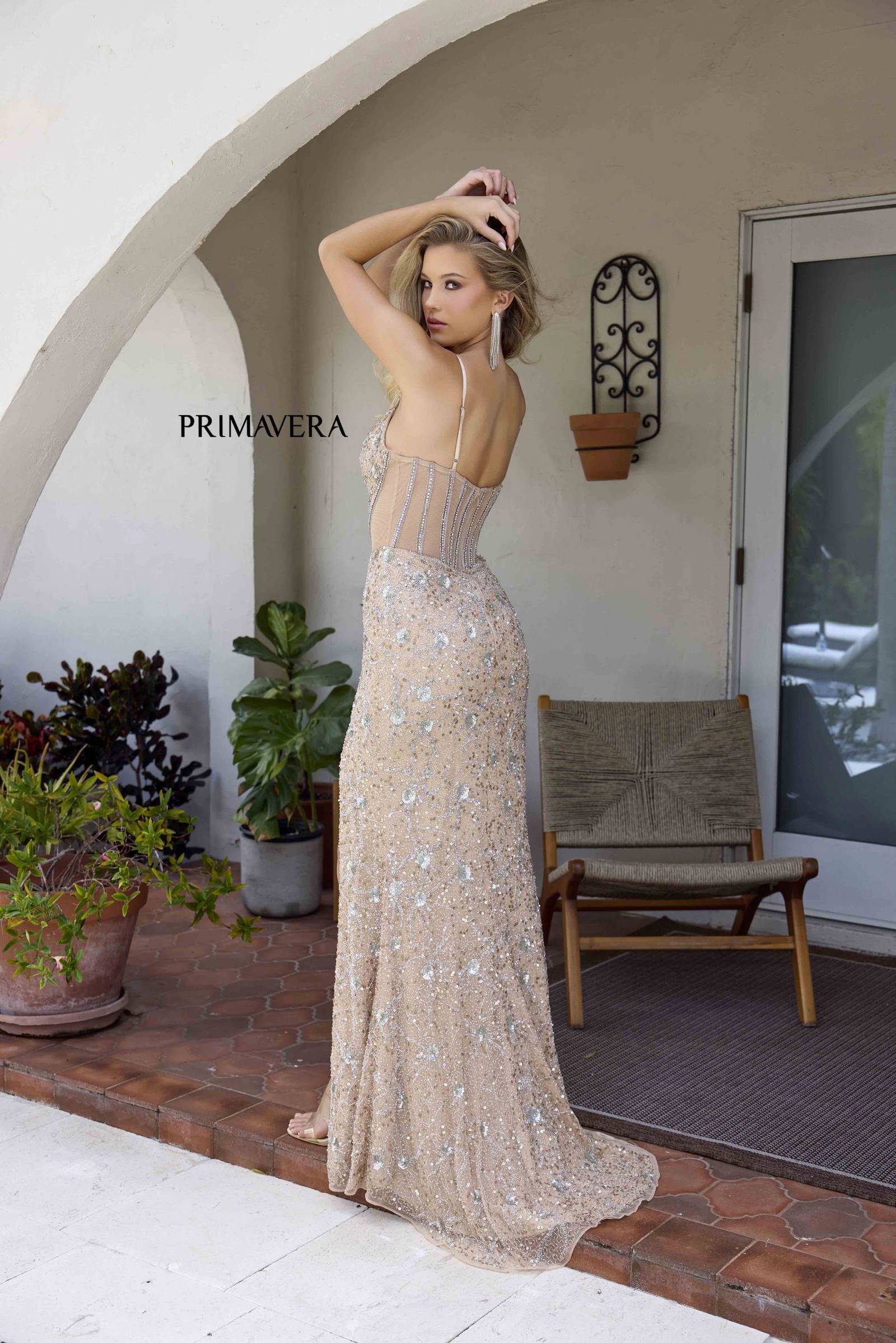 Primavera Couture -4307 V-Neak Beaded Evening Dress