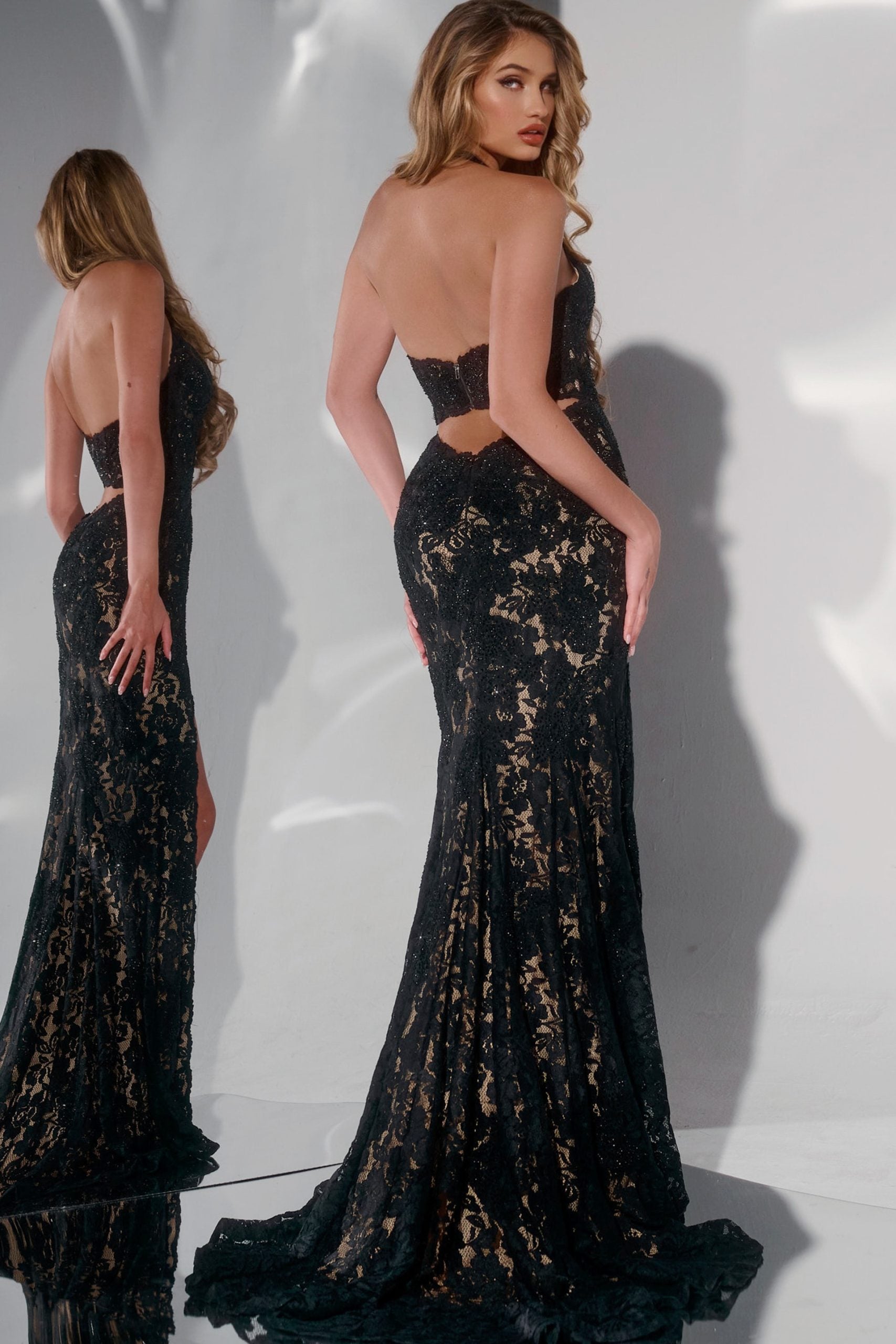 Jovani -43097 Lace Prom Gown with Cutout Back and High Slit