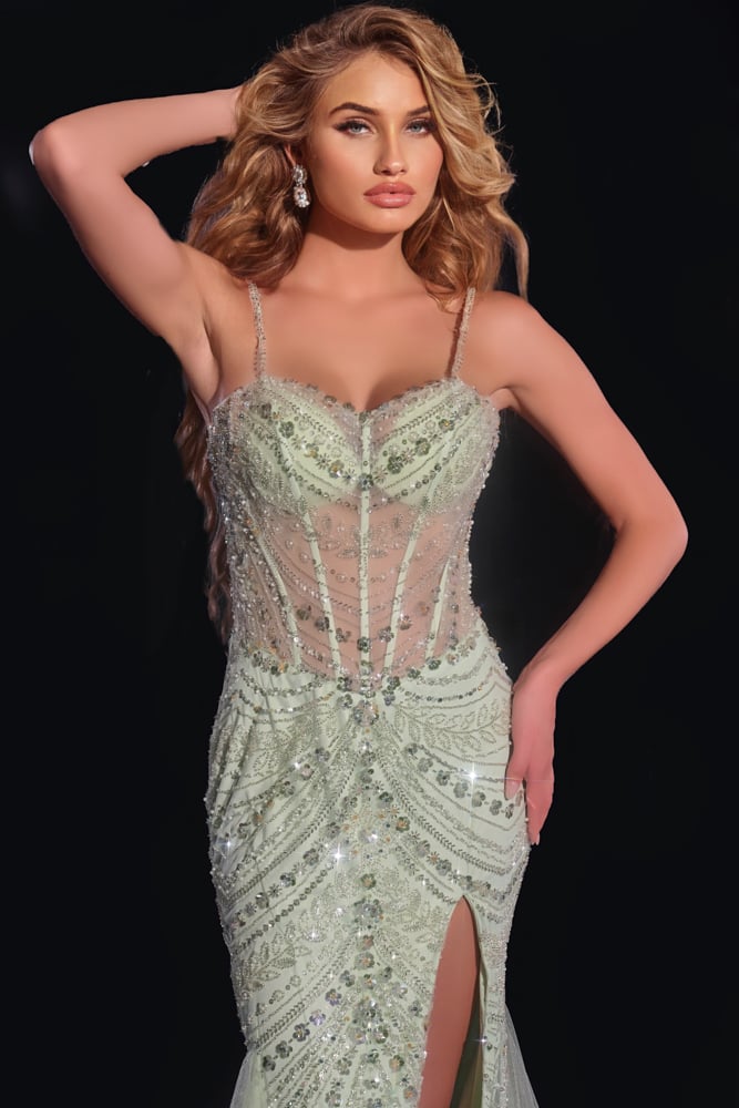 Jovani -43189 Sheer Corset Bodice Prom Gown with High Slit and Beaded Detailing