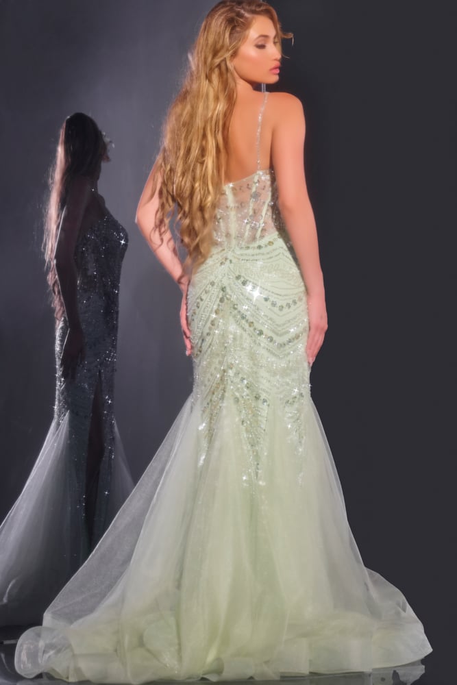 Jovani -43189 Sheer Corset Bodice Prom Gown with High Slit and Beaded Detailing