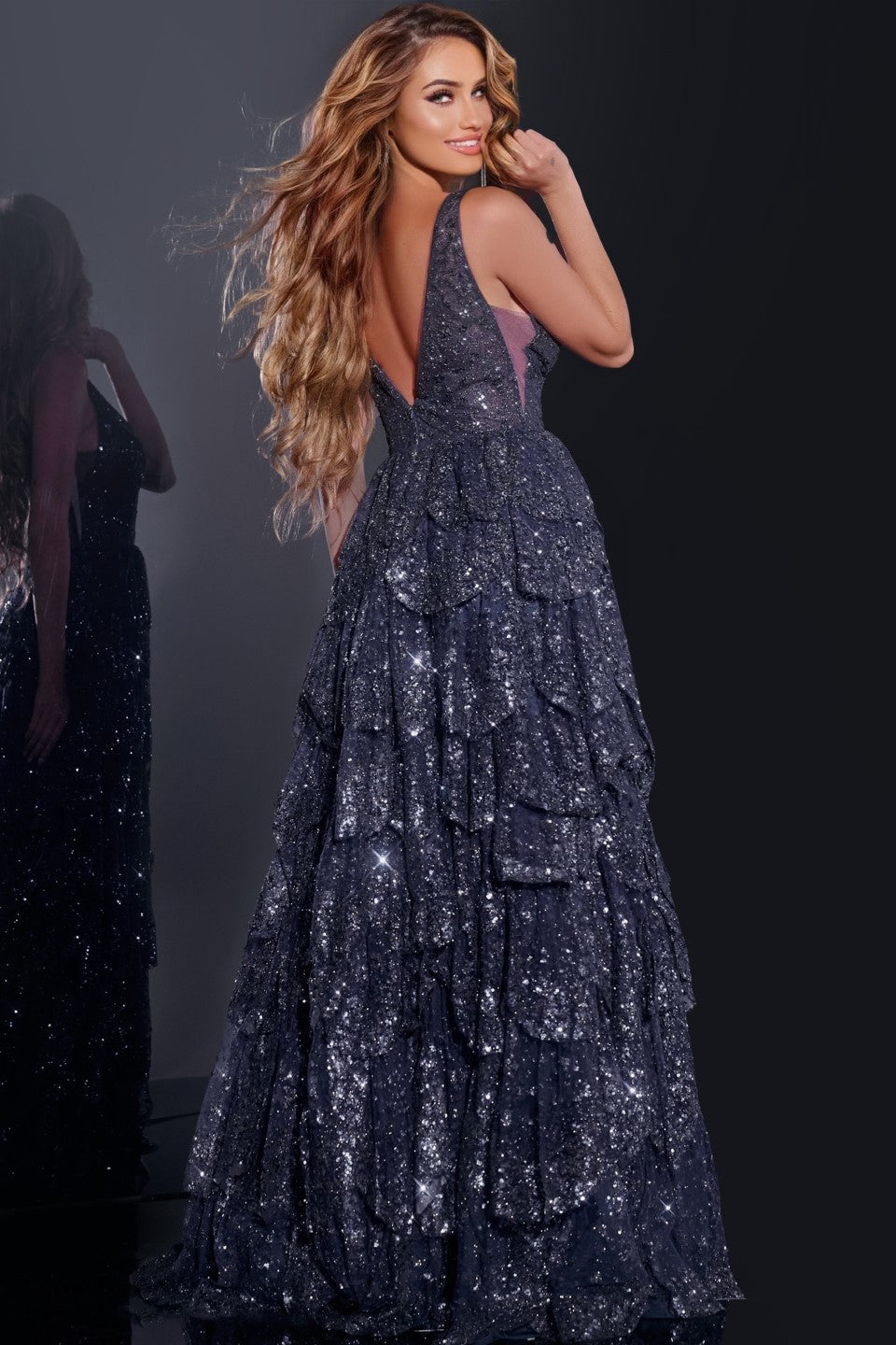 Jovani -43198 Sleeveless V-Neck Prom Gown with Sequin Layers