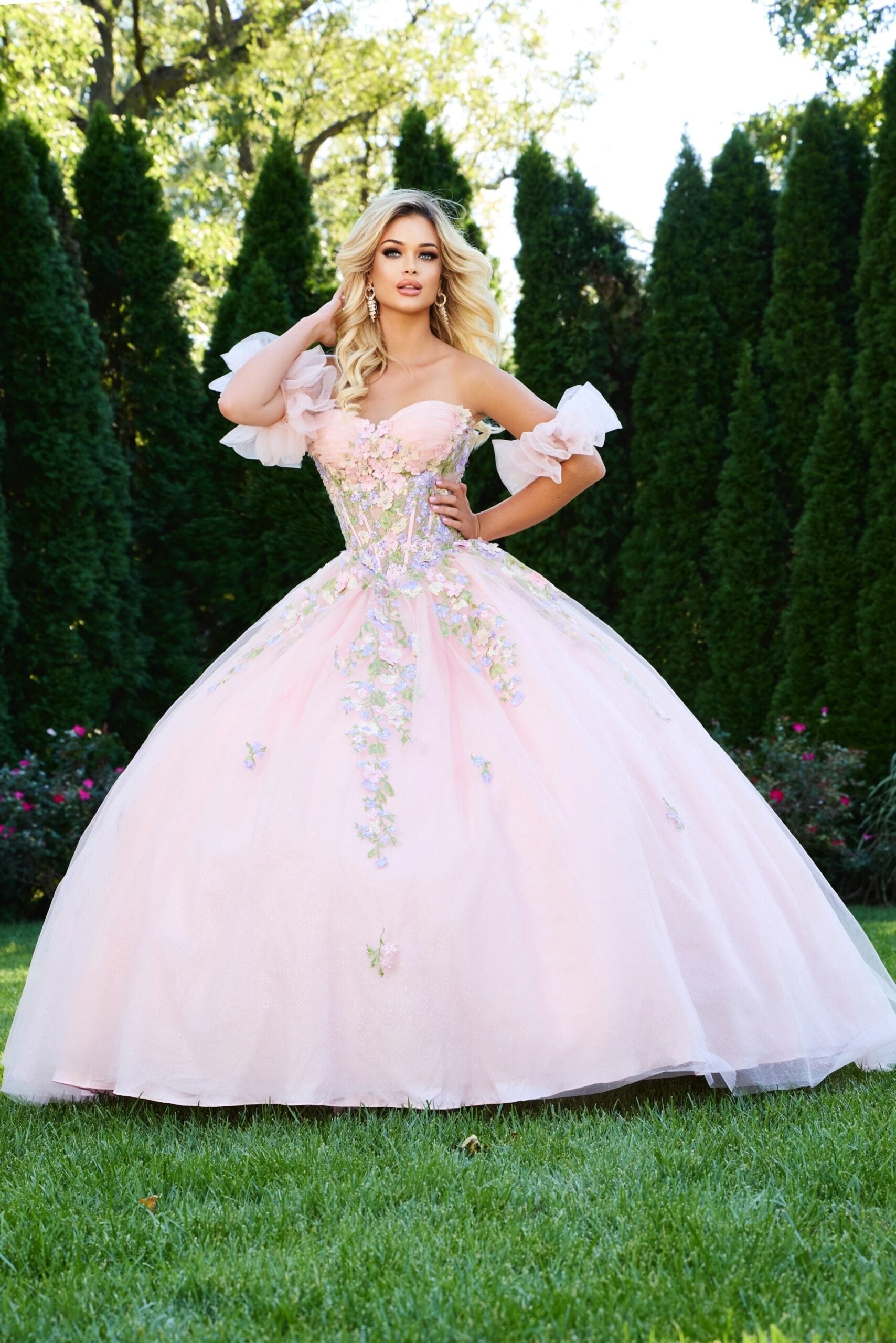 Jovani -43231 Off The Shoulder Ball Gown with 3D Floral Applique