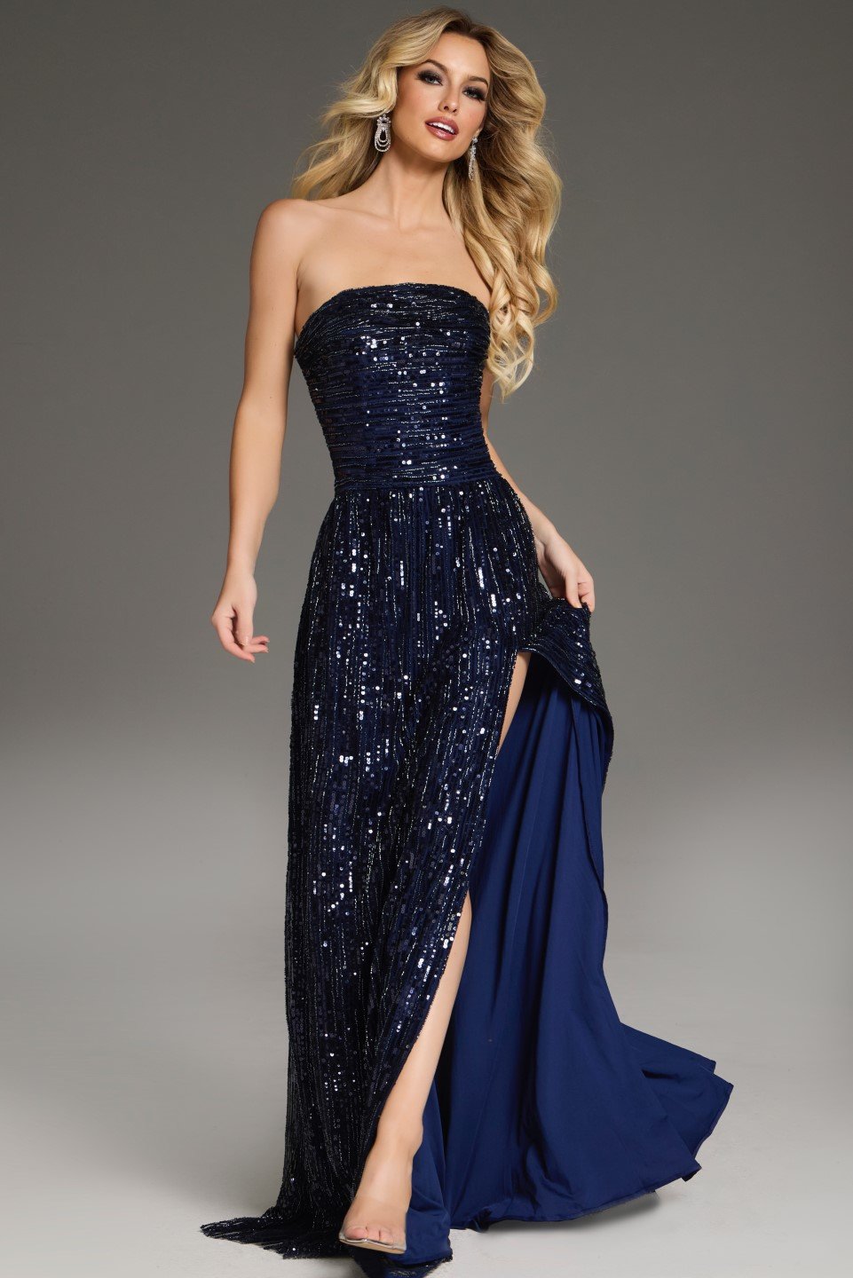 Jovani -43386 Strapless Sequin Evening Gown with High Slit