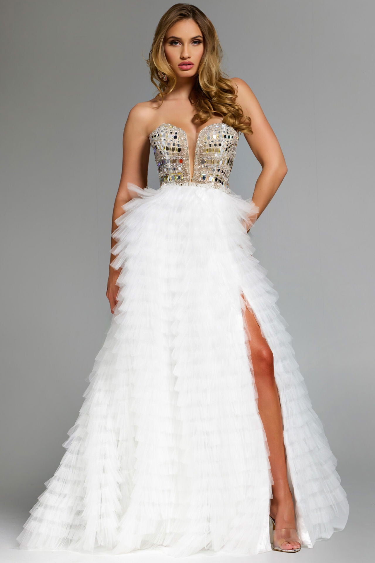 Jovani -43412B Strapless Tulle Gown With Beaded Corset Bodice