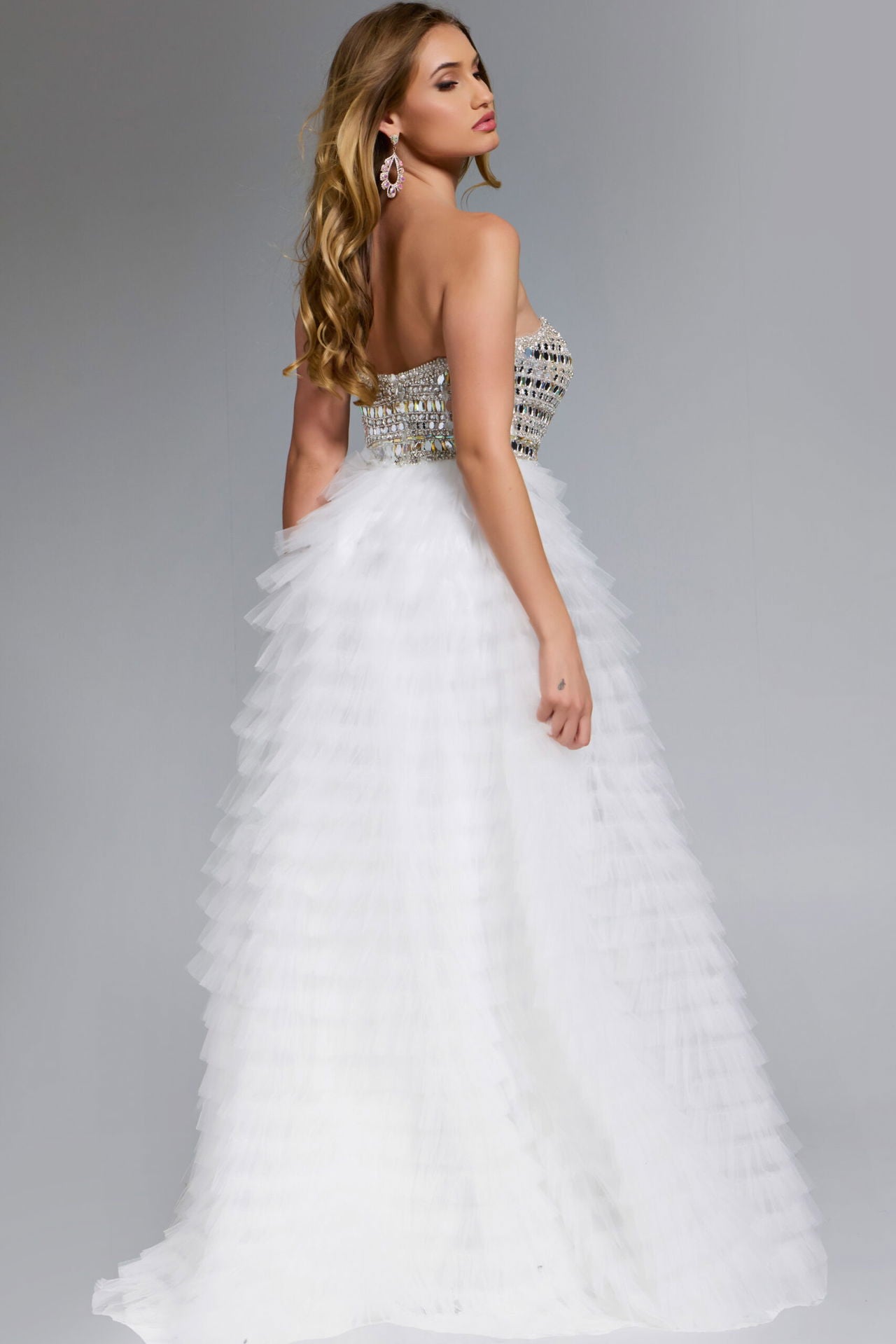Jovani -43412B Strapless Tulle Gown With Beaded Corset Bodice