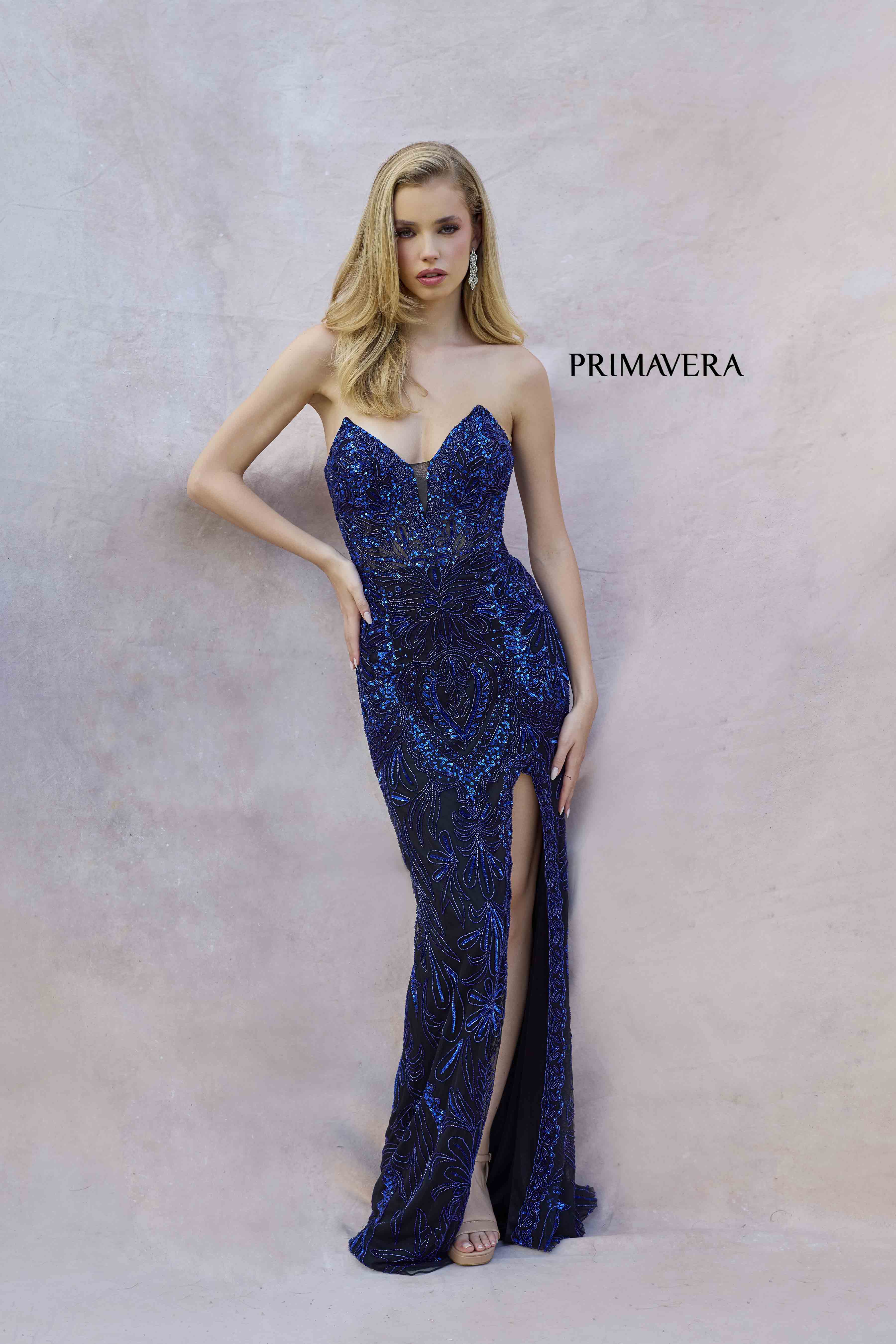 Primavera Couture -4343 V-Neck Prom Gown With High Leg Slit