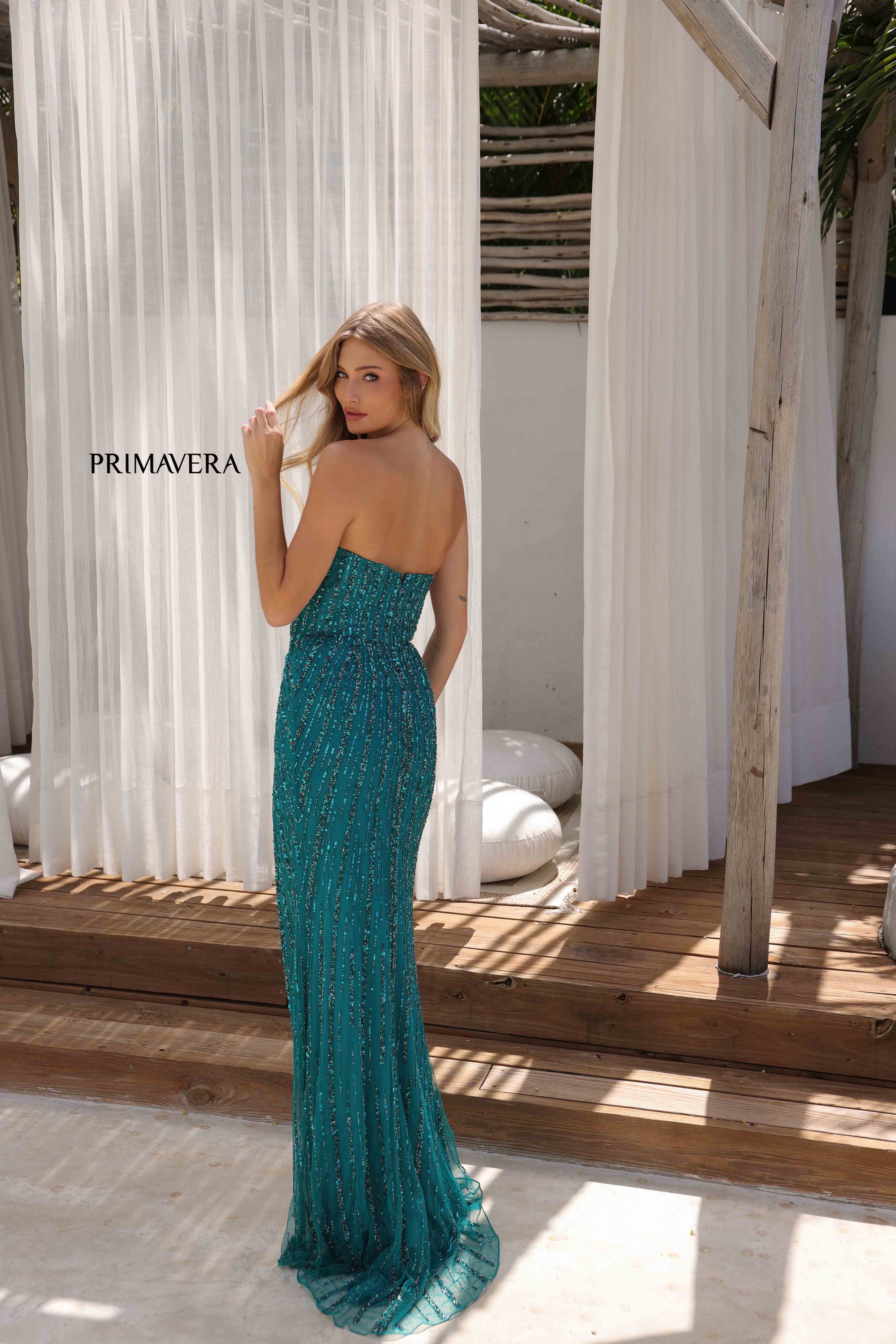 Primavera Couture -4358 Straight Neckline Beaded Sequin Prom Dress