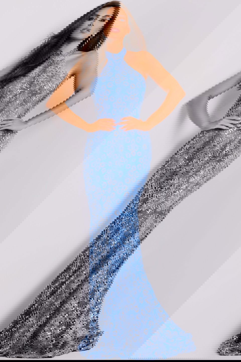 Jovani -43678 Sequin Embellishments Halter Neck Floral Lace Gown