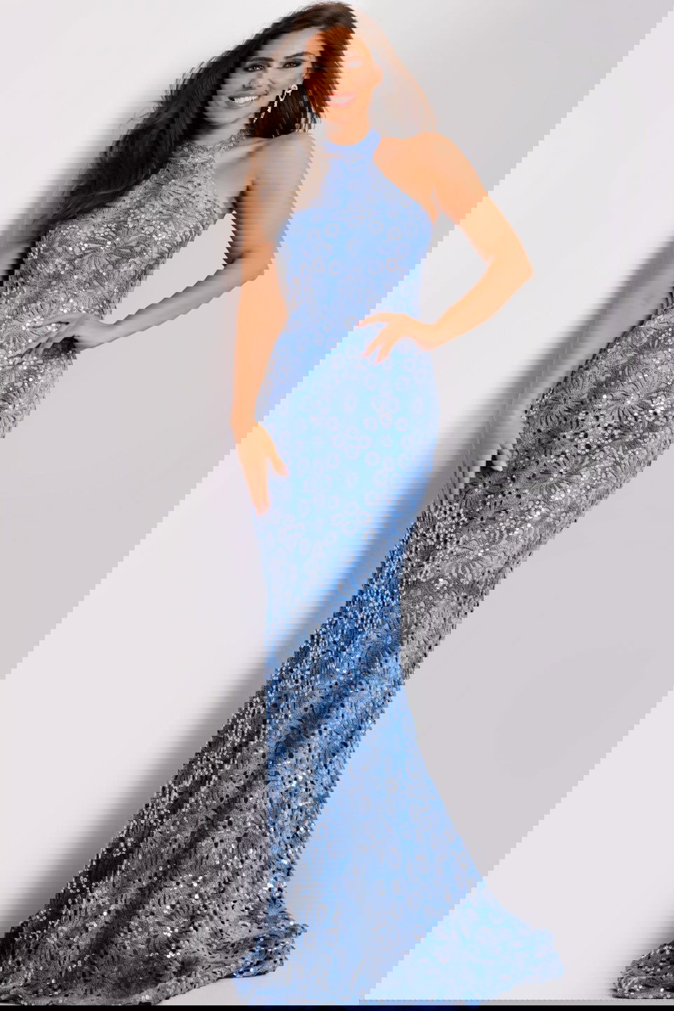 Jovani -43678 Sequin Embellishments Halter Neck Floral Lace Gown