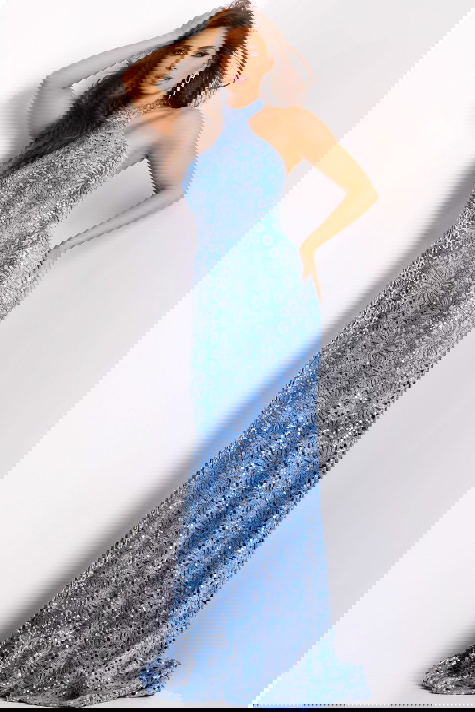 Jovani -43678 Sequin Embellishments Halter Neck Floral Lace Gown