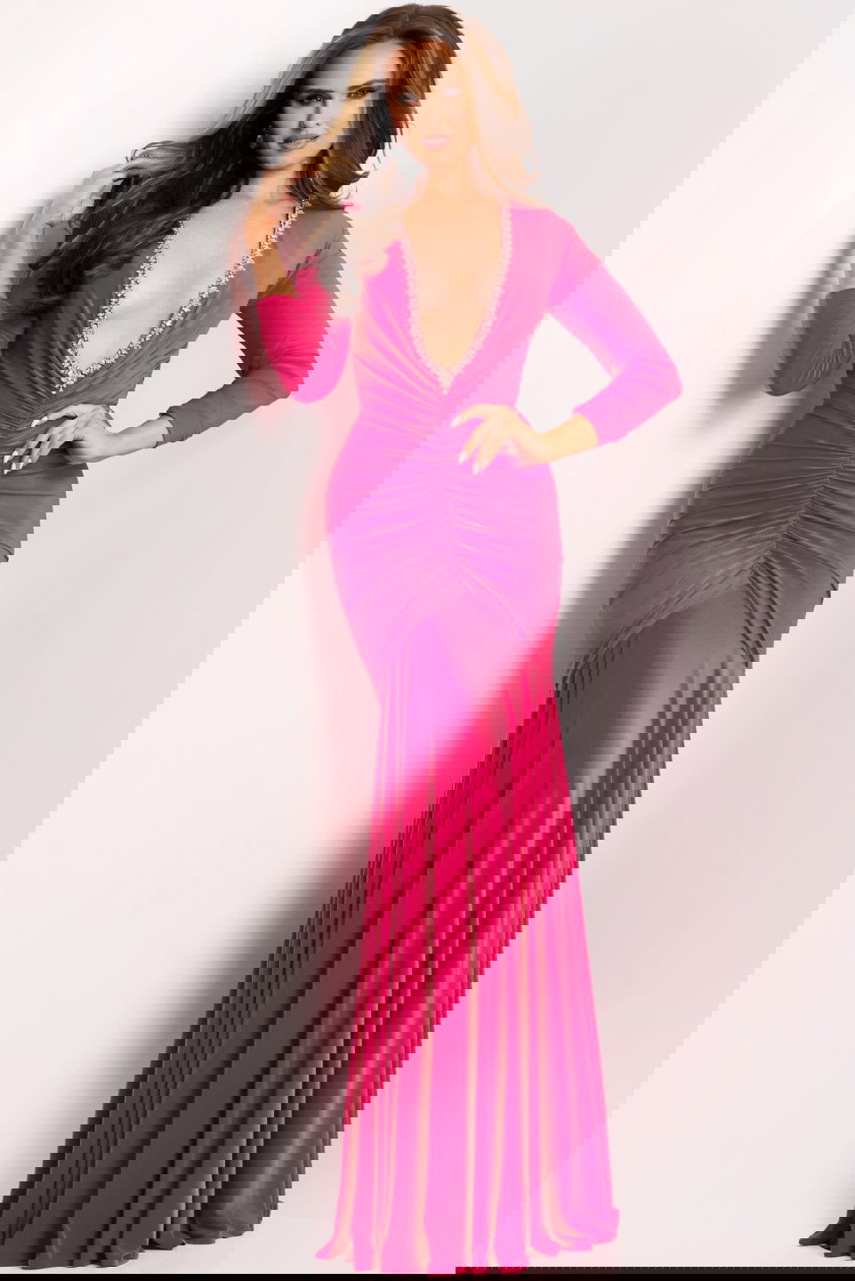 Jovani -43701 Crystal Embellishment Plunging V-Neck Gown with Long Sleeves