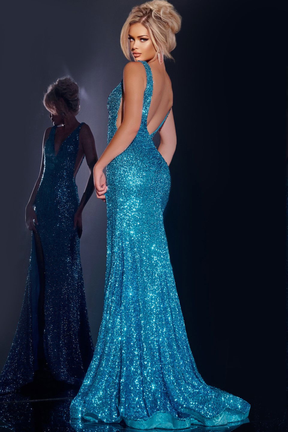 Jovani -43725 Glittering V-Neck High Slit Gown