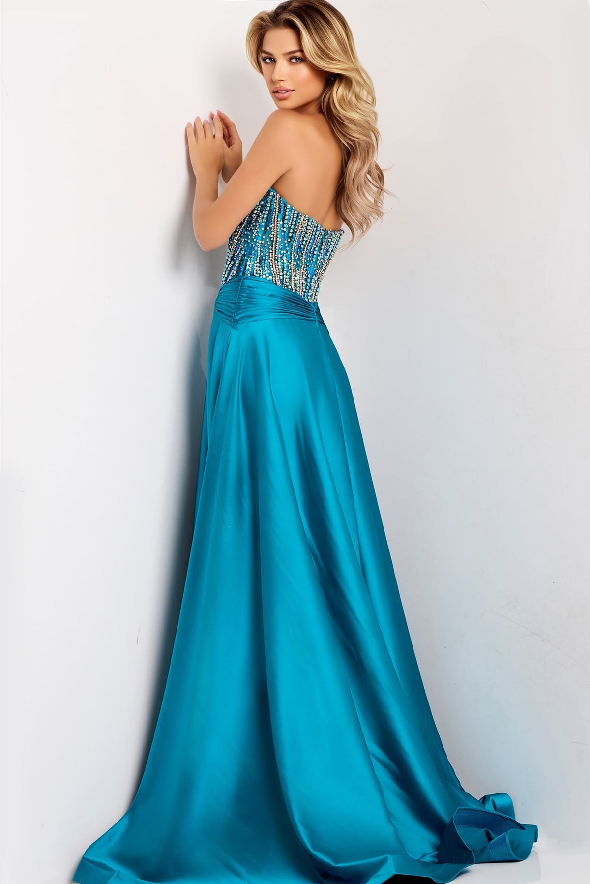 Jovani -43729B Strapless Beaded Satin A-line Dress