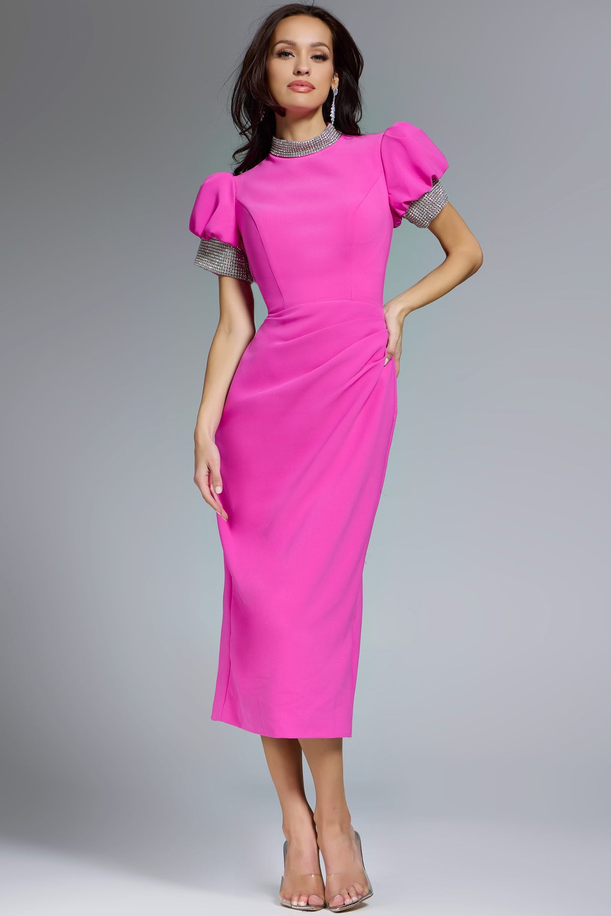 Jovani -43773B Rhinestone High Neck Puff Sleeve Tea length Dress