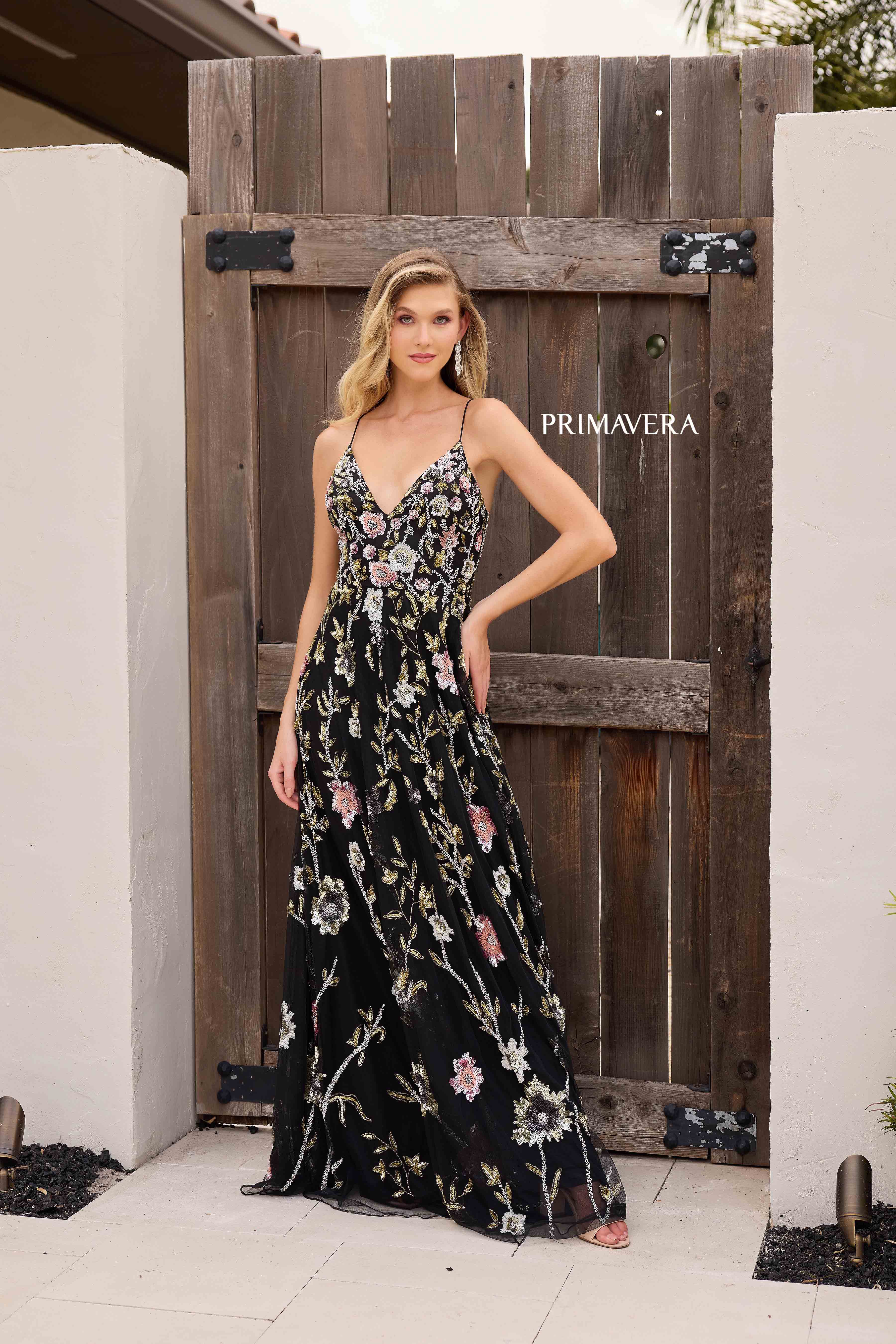 Primavera Couture 4378 - V-Neck Floral Sequin Prom Gown