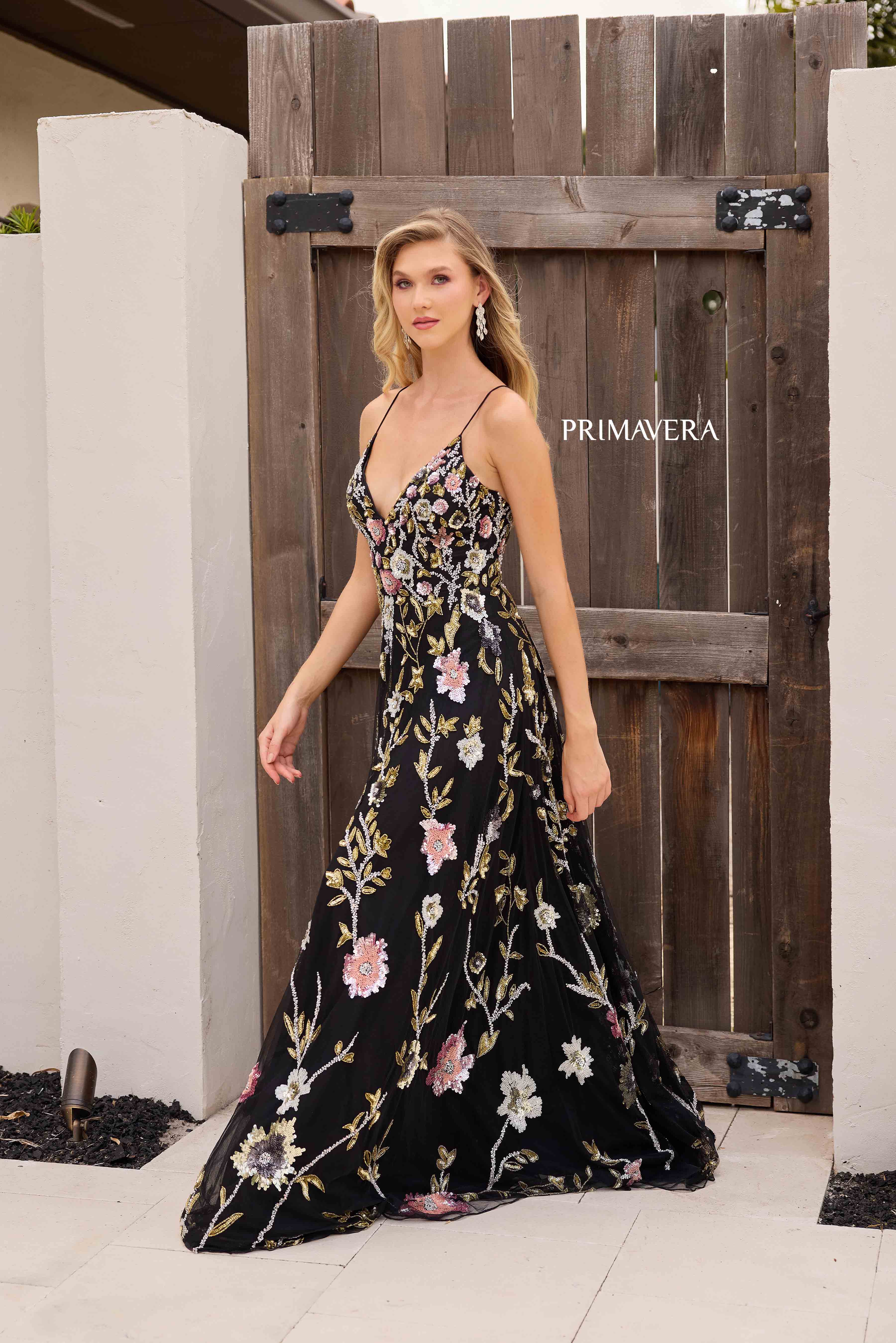 Primavera Couture 4378 - V-Neck Floral Sequin Prom Gown