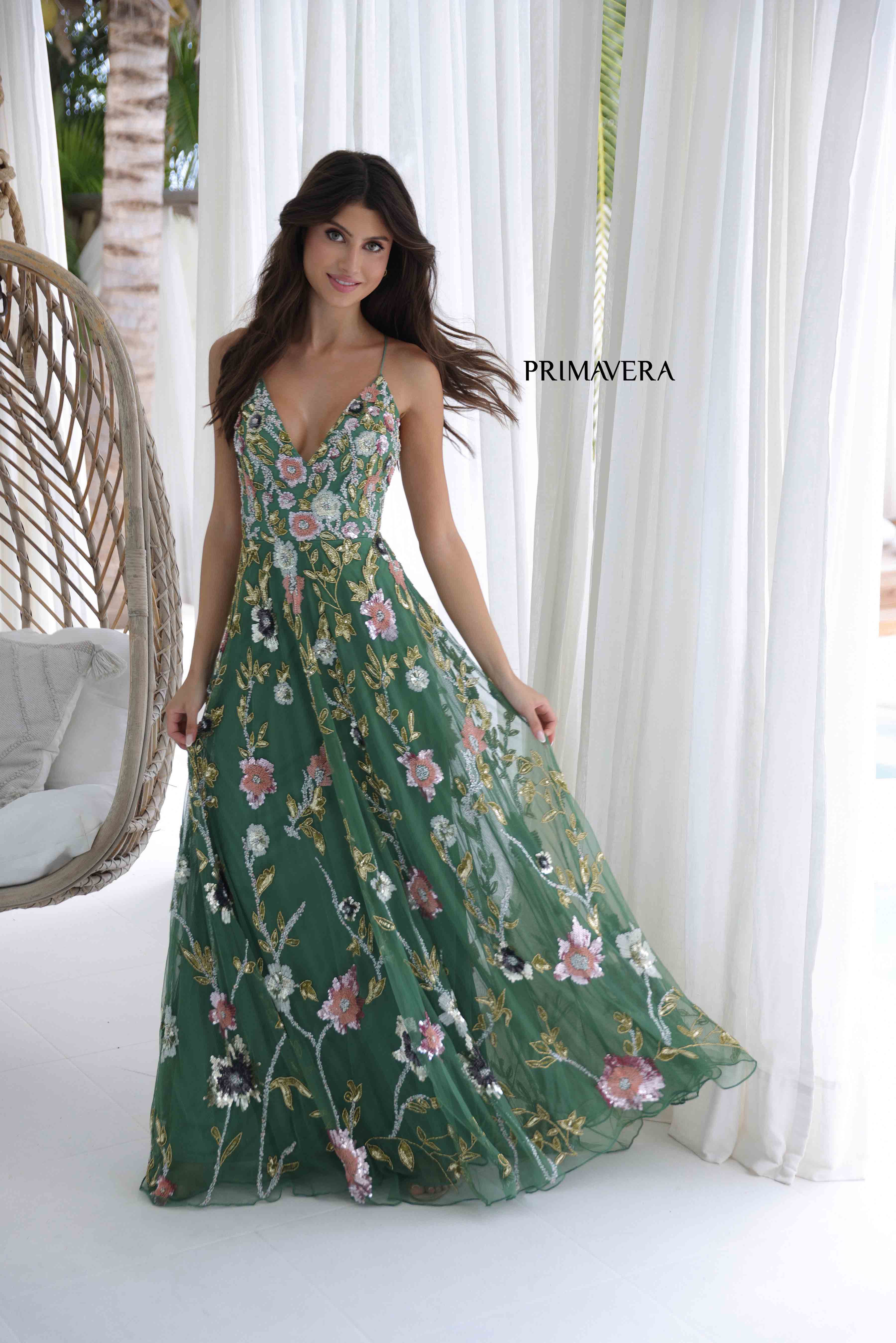 Primavera Couture 4378 - V-Neck Floral Sequin Prom Gown