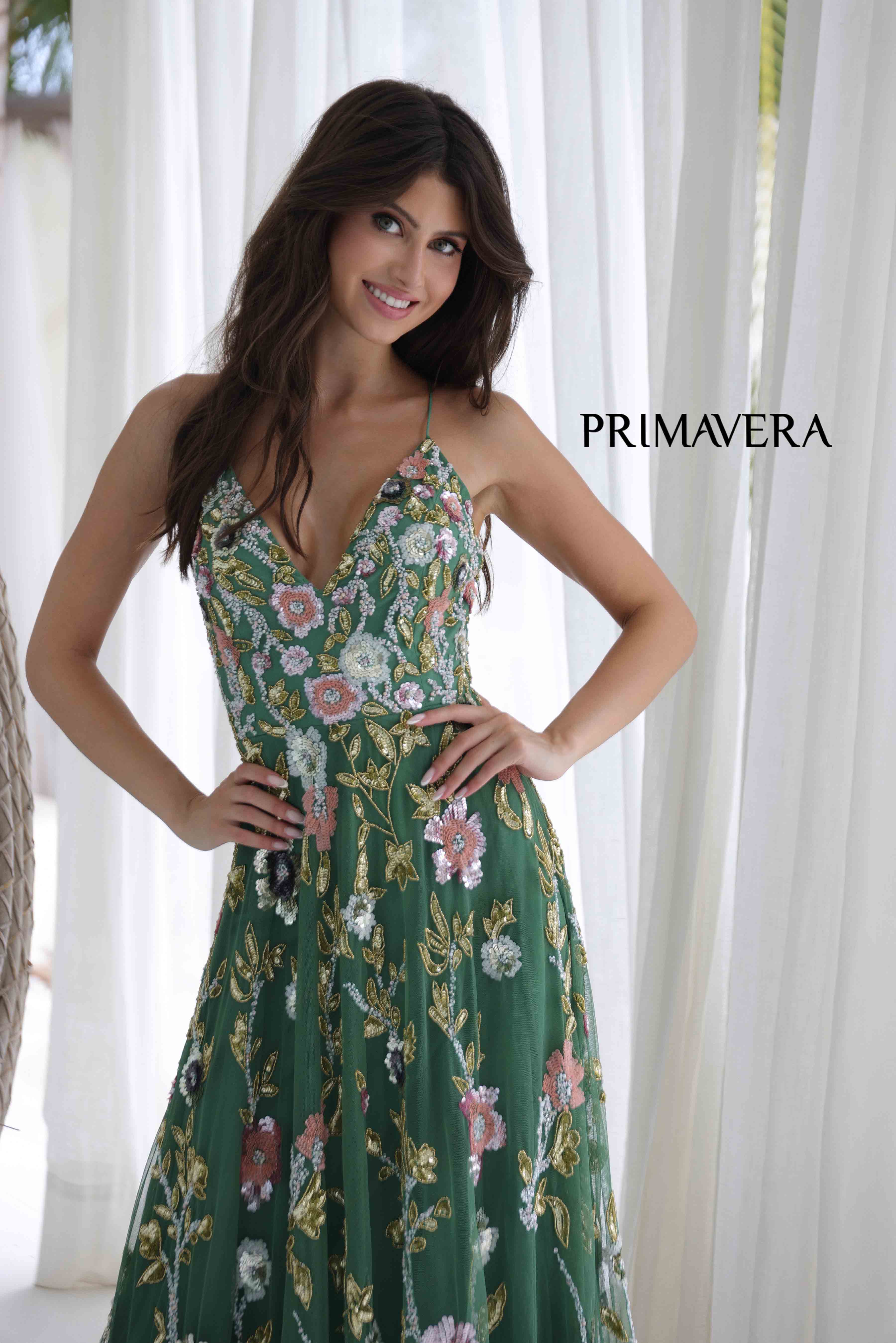 Primavera Couture 4378 - V-Neck Floral Sequin Prom Gown