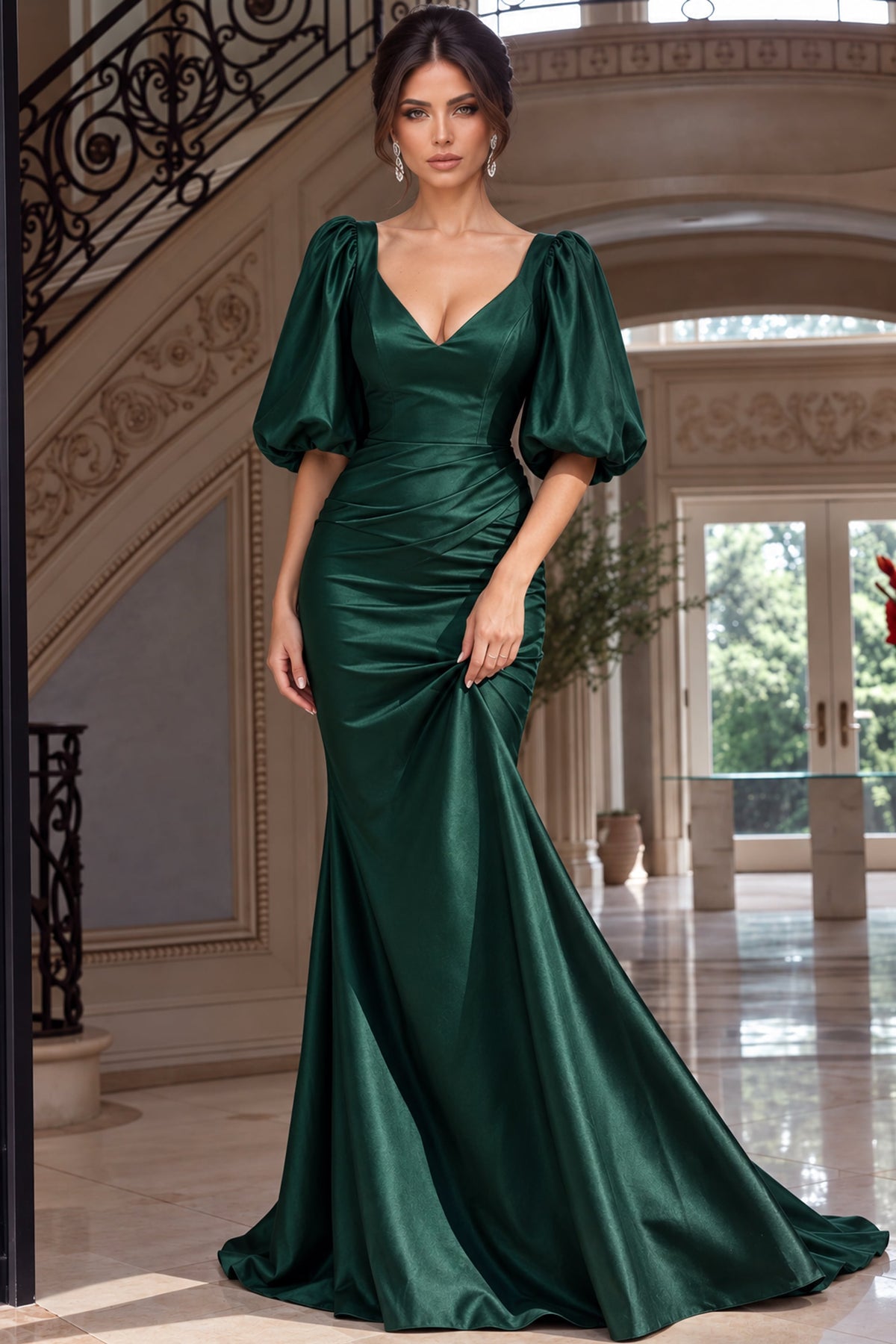 Jovani -43818 Satin V Neck Puff Sleeve Mermaid Gown