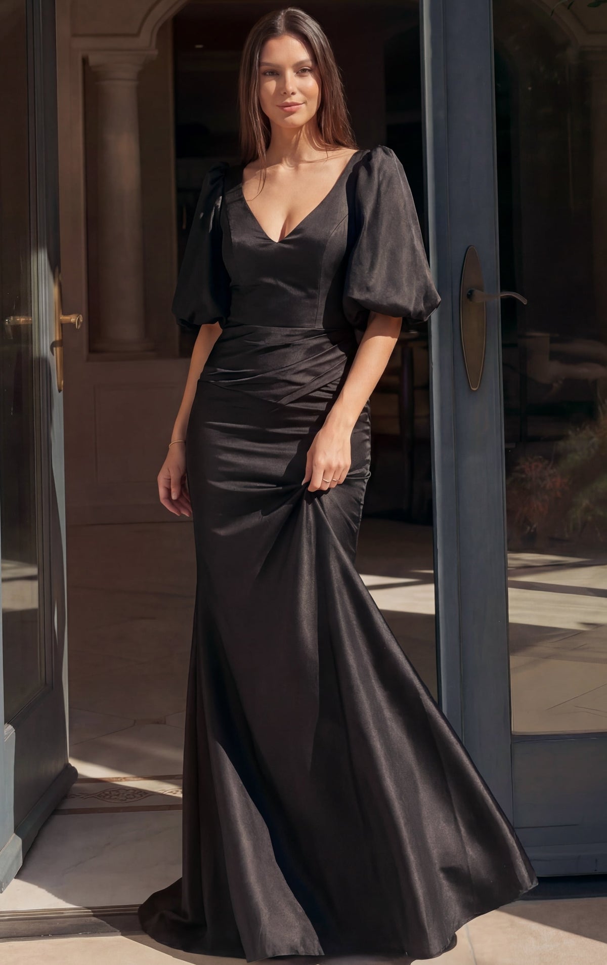 Jovani -43818 Satin V Neck Puff Sleeve Mermaid Gown
