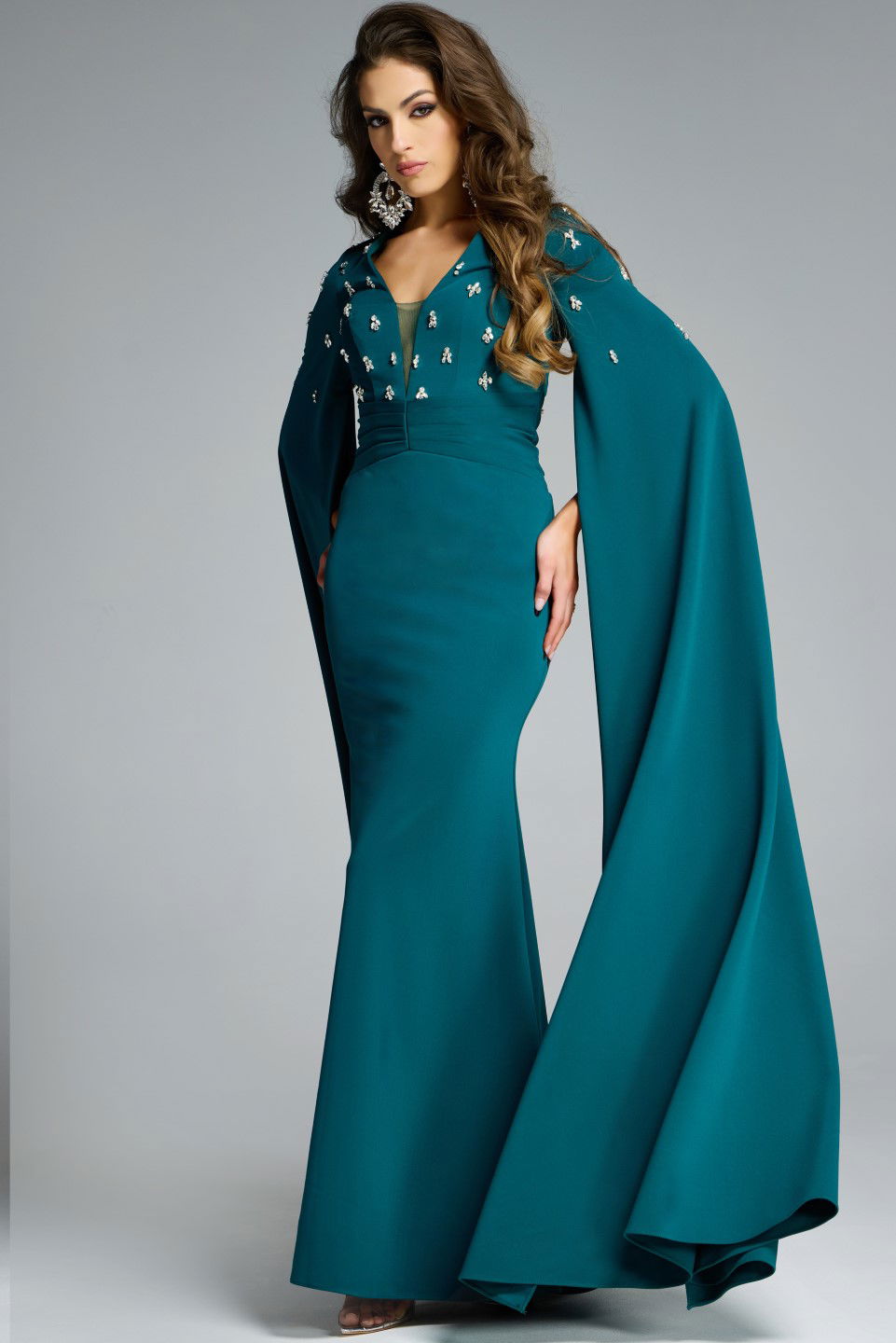 Jovani -43830 Dramatic Cape Sleeves Embellished Gown