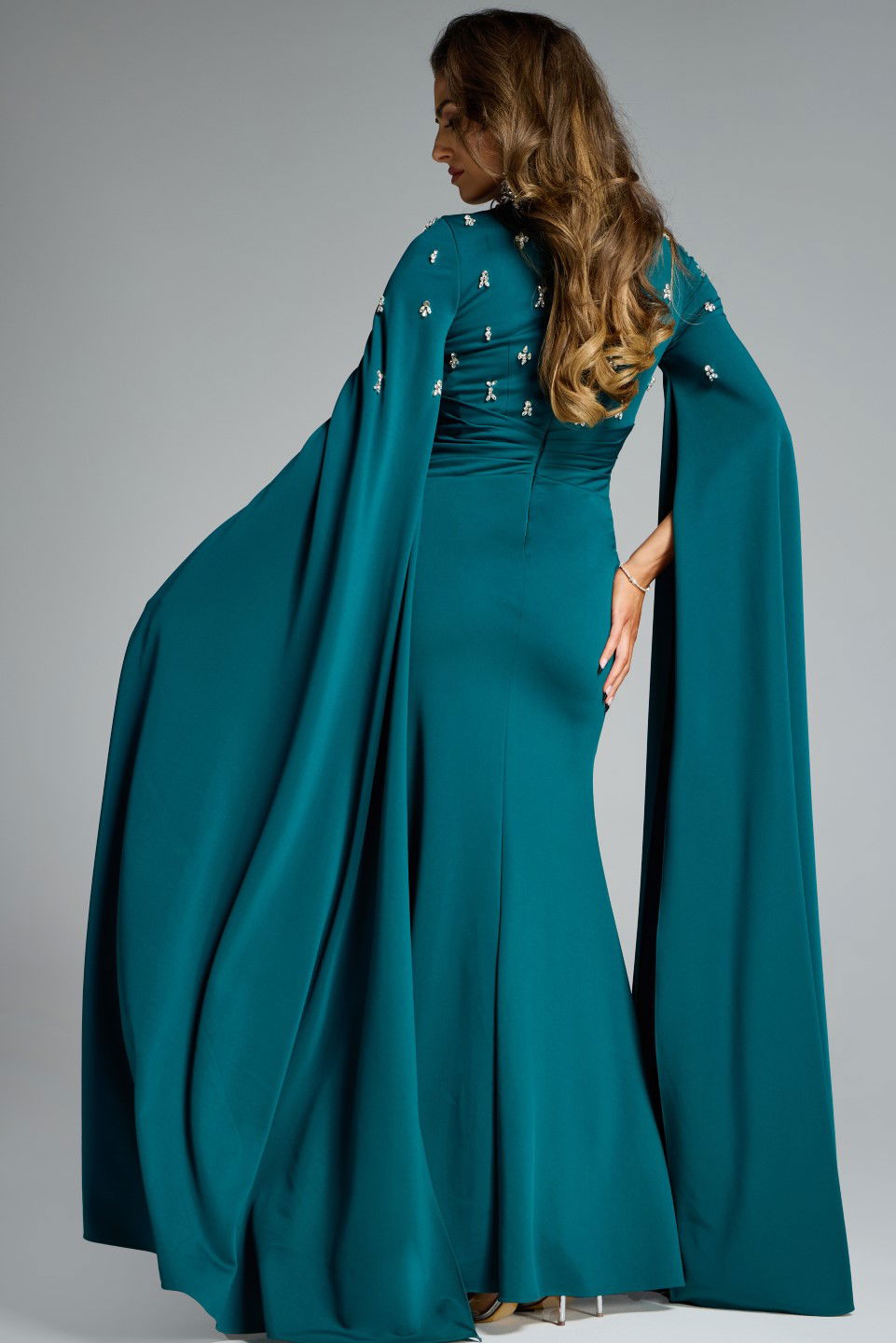 Jovani -43830 Dramatic Cape Sleeves Embellished Gown
