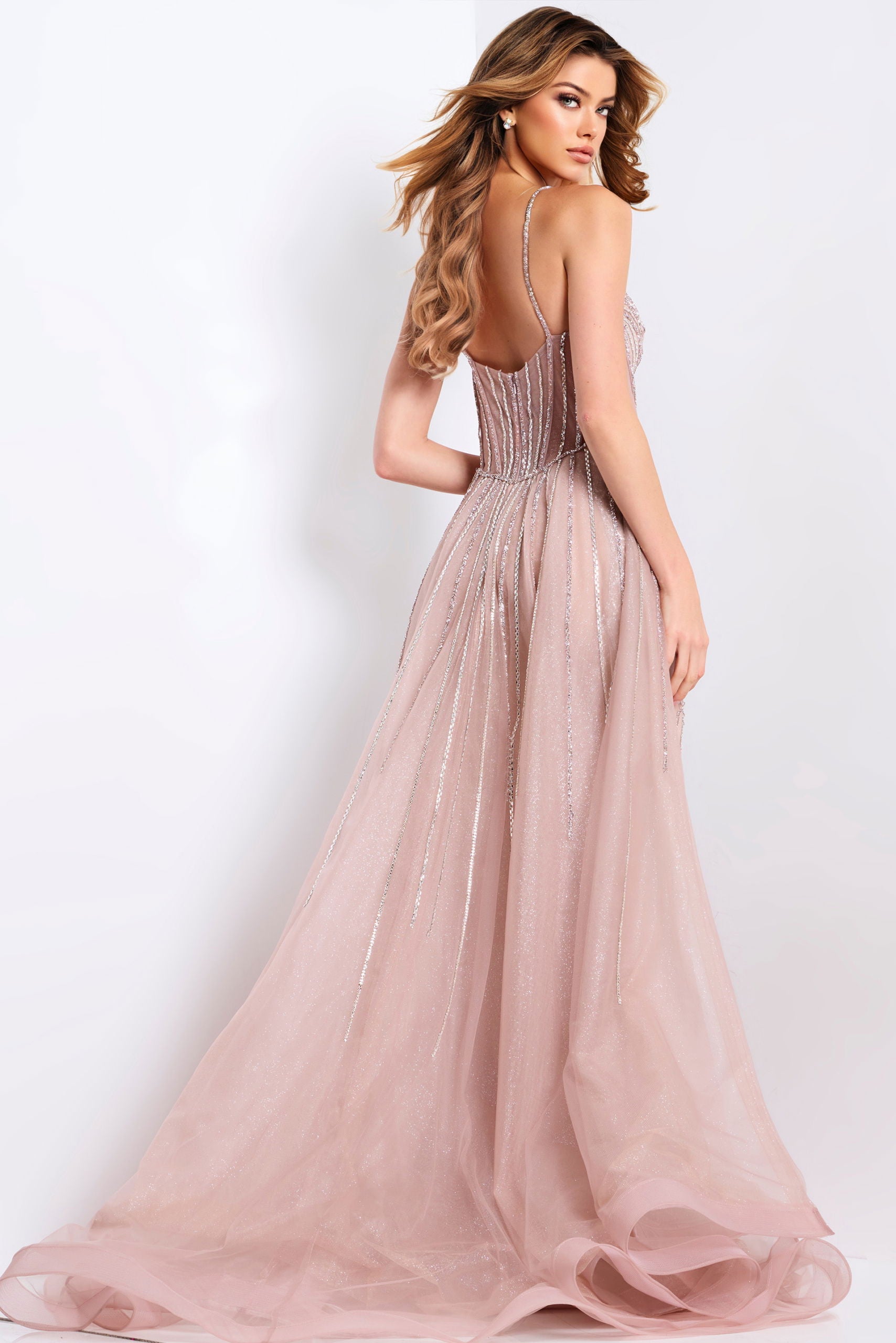 Jovani -43854 Plunging V-Neck Sheath Tulle Gown