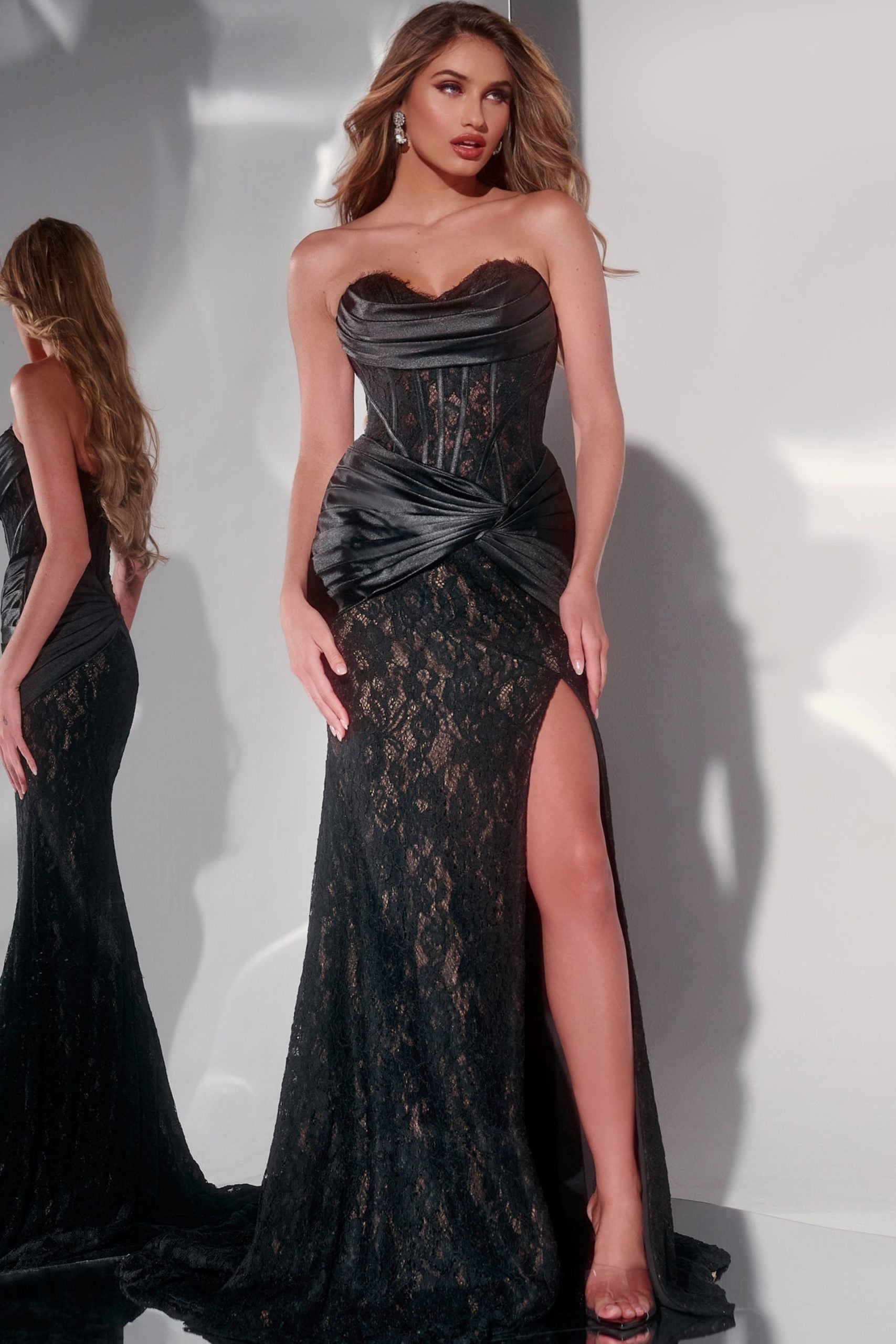 Jovani -43859 Strapless Black Lace Evening Prom Gown with Ruched Satin Accent