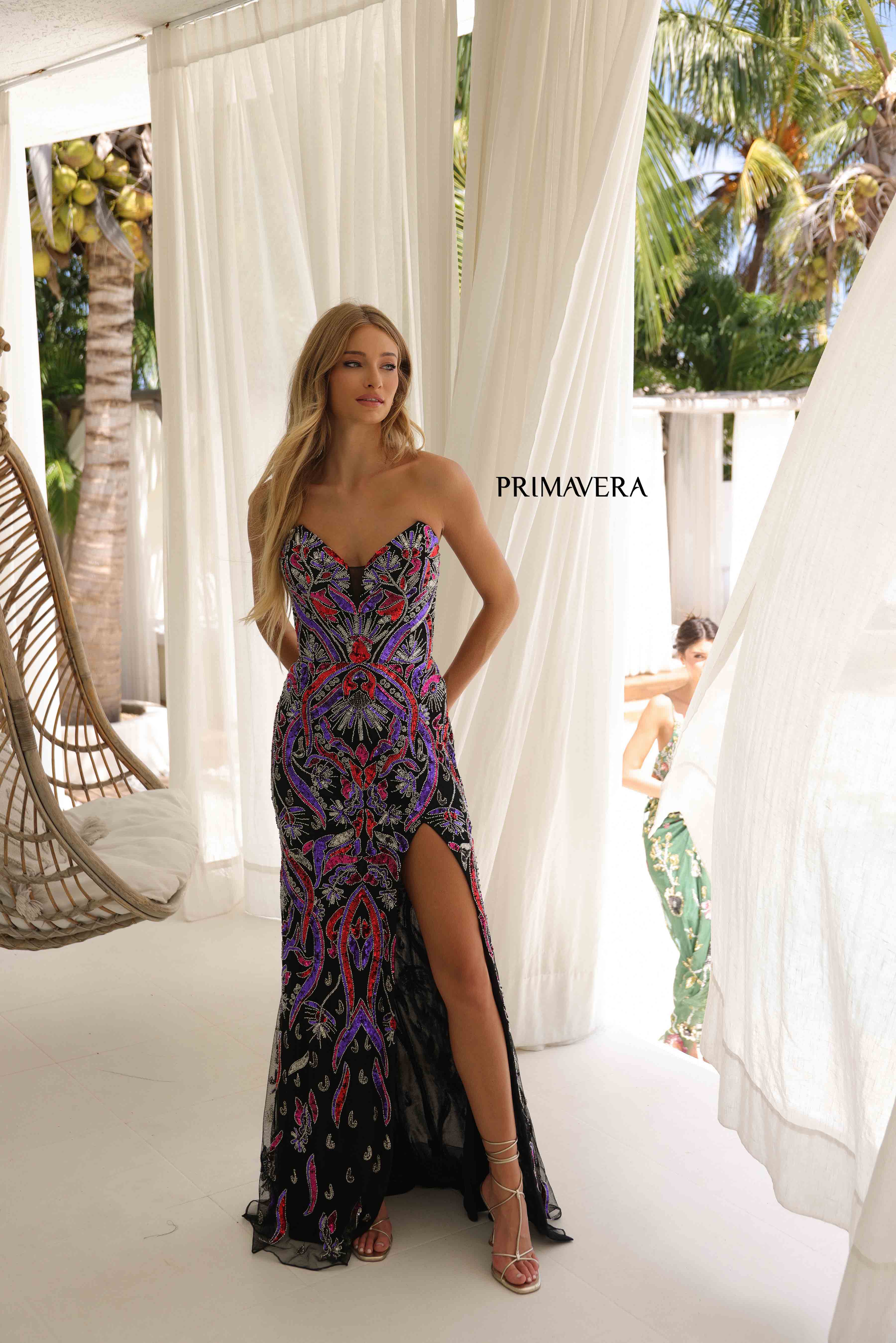 Primavera Couture -4387 Plunging V-Neck Sequin Prom Gown