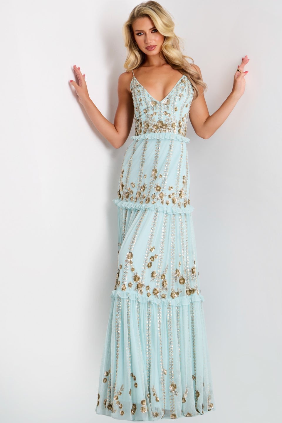 Jovani -44060 Embroidered V-Neck A-line Gown