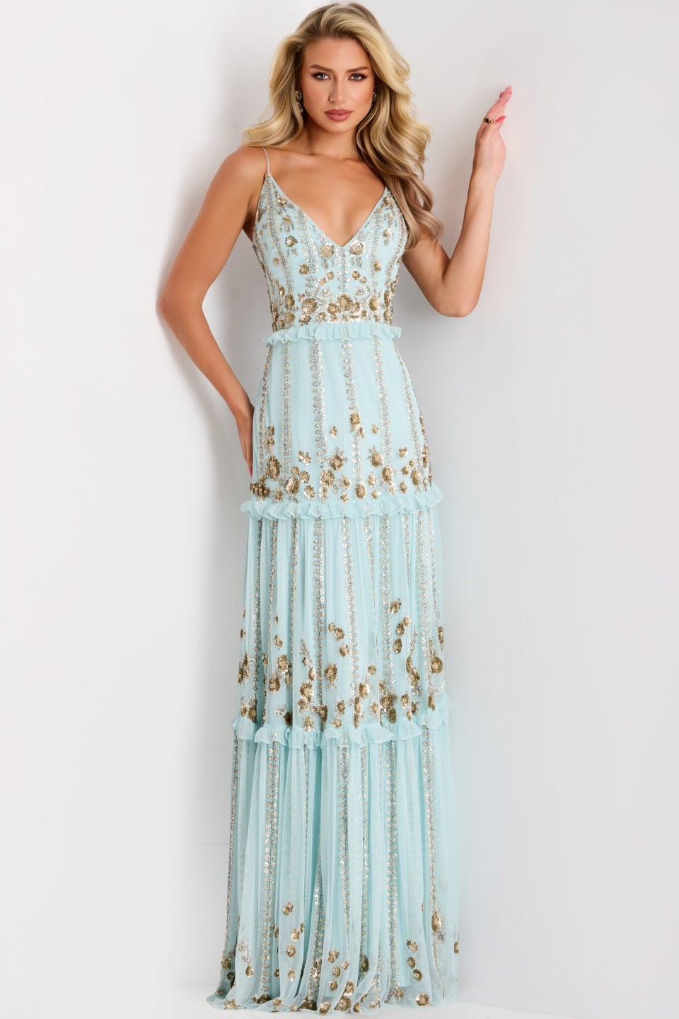 Jovani -44060 Embroidered V-Neck A-line Gown