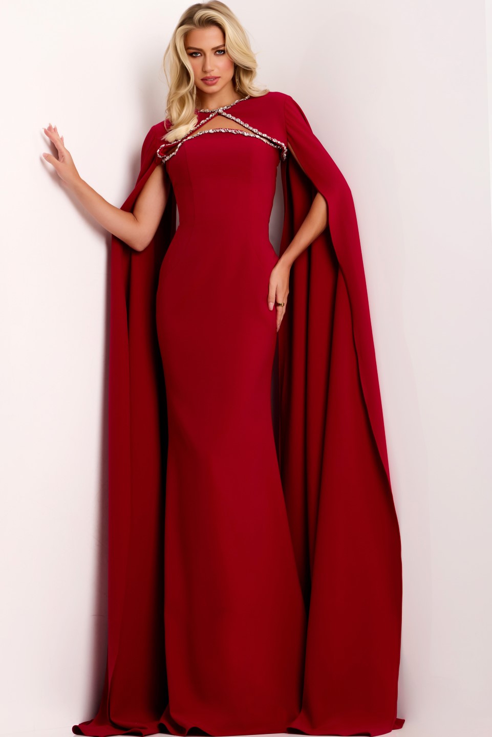 Jovani -44184 Elegant Cape Gown with Crystal Embellishments