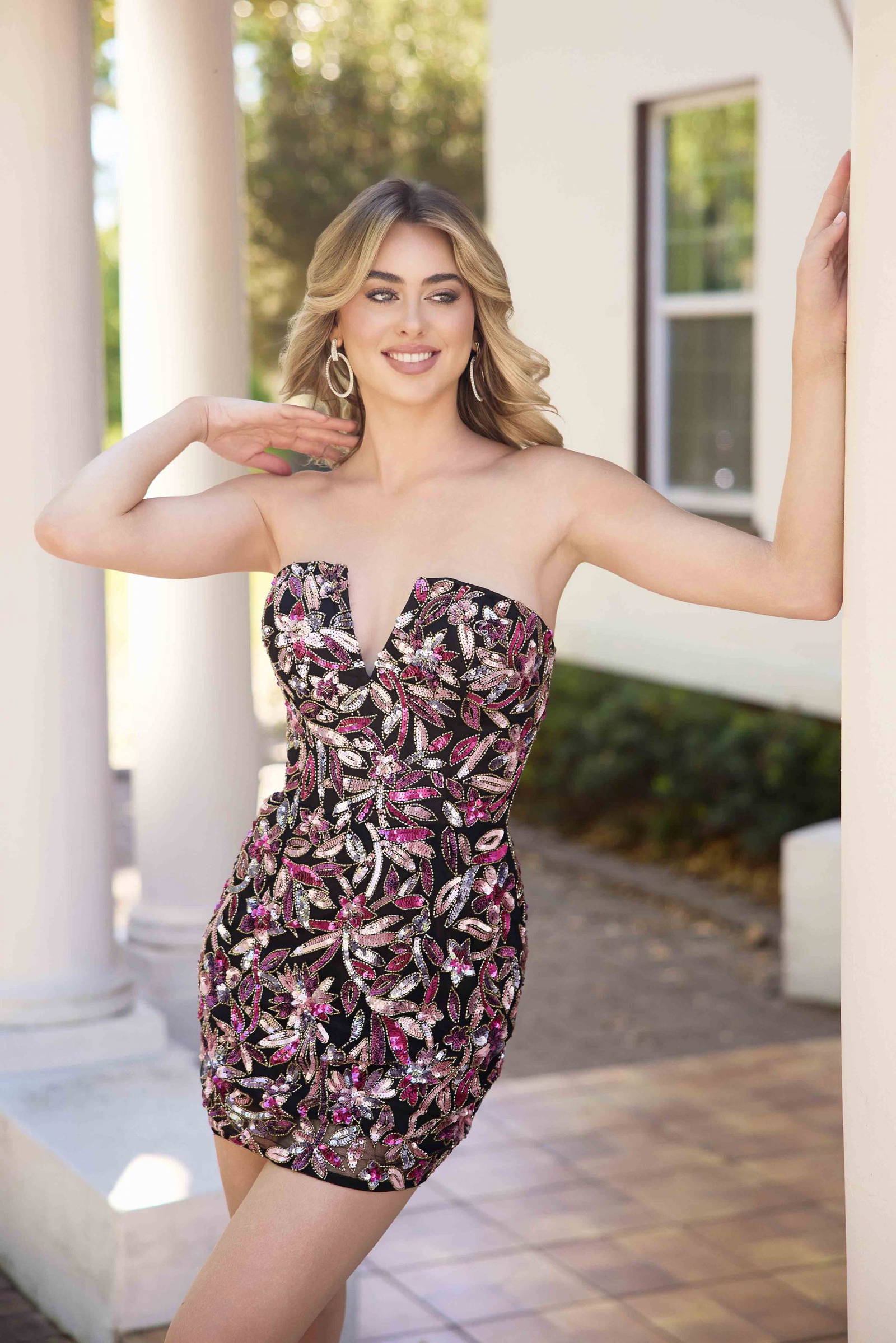Primavera Couture -4431 Strapless V Neckline Sequined Short Dress