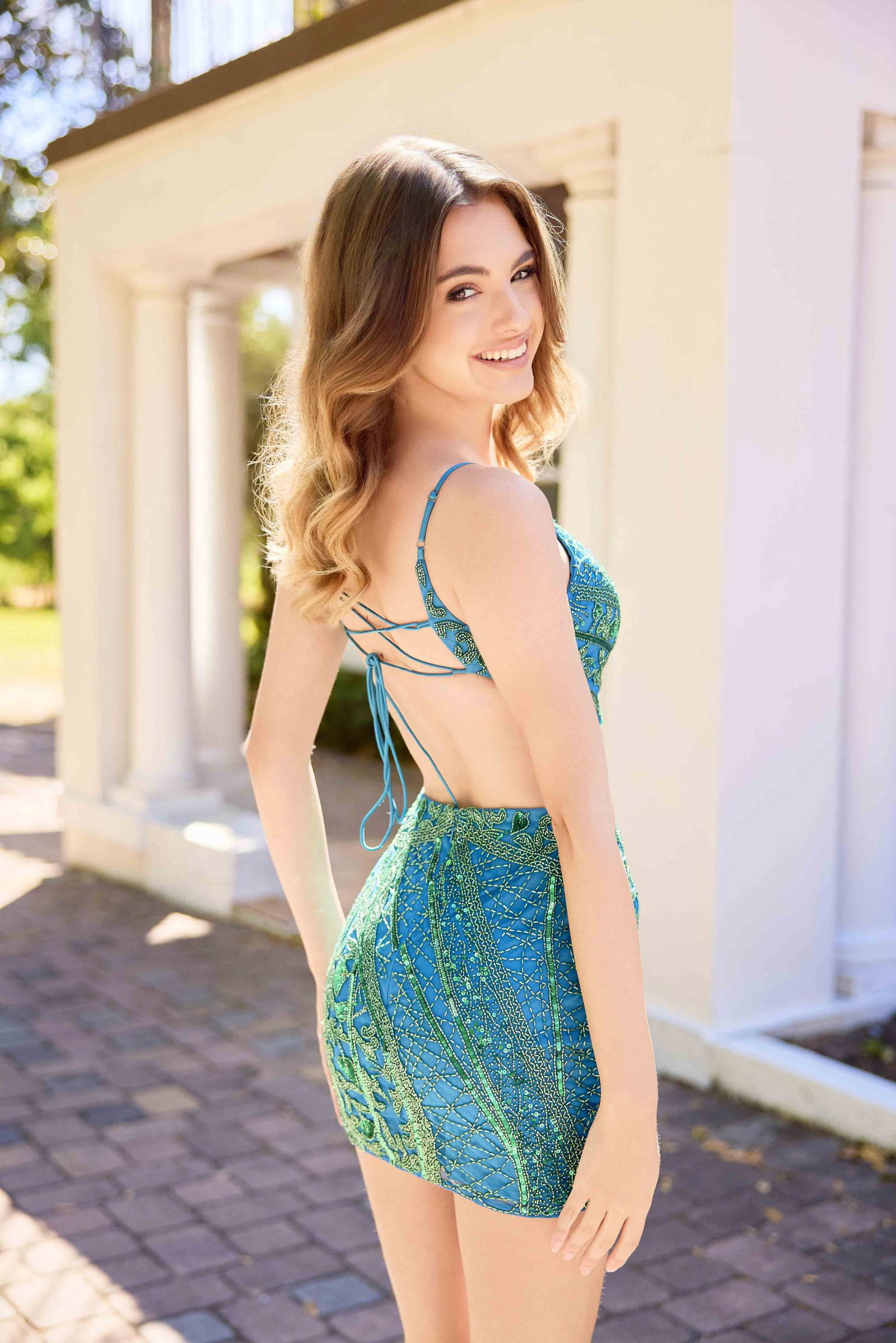 Primavera Couture -4435 Cutouts Short Dress With V Neckline and Geometric Beads