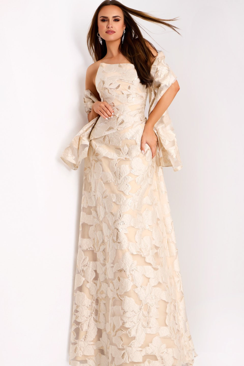 Jovani -44370B Floral Embroidery Strapless A-Line Gown