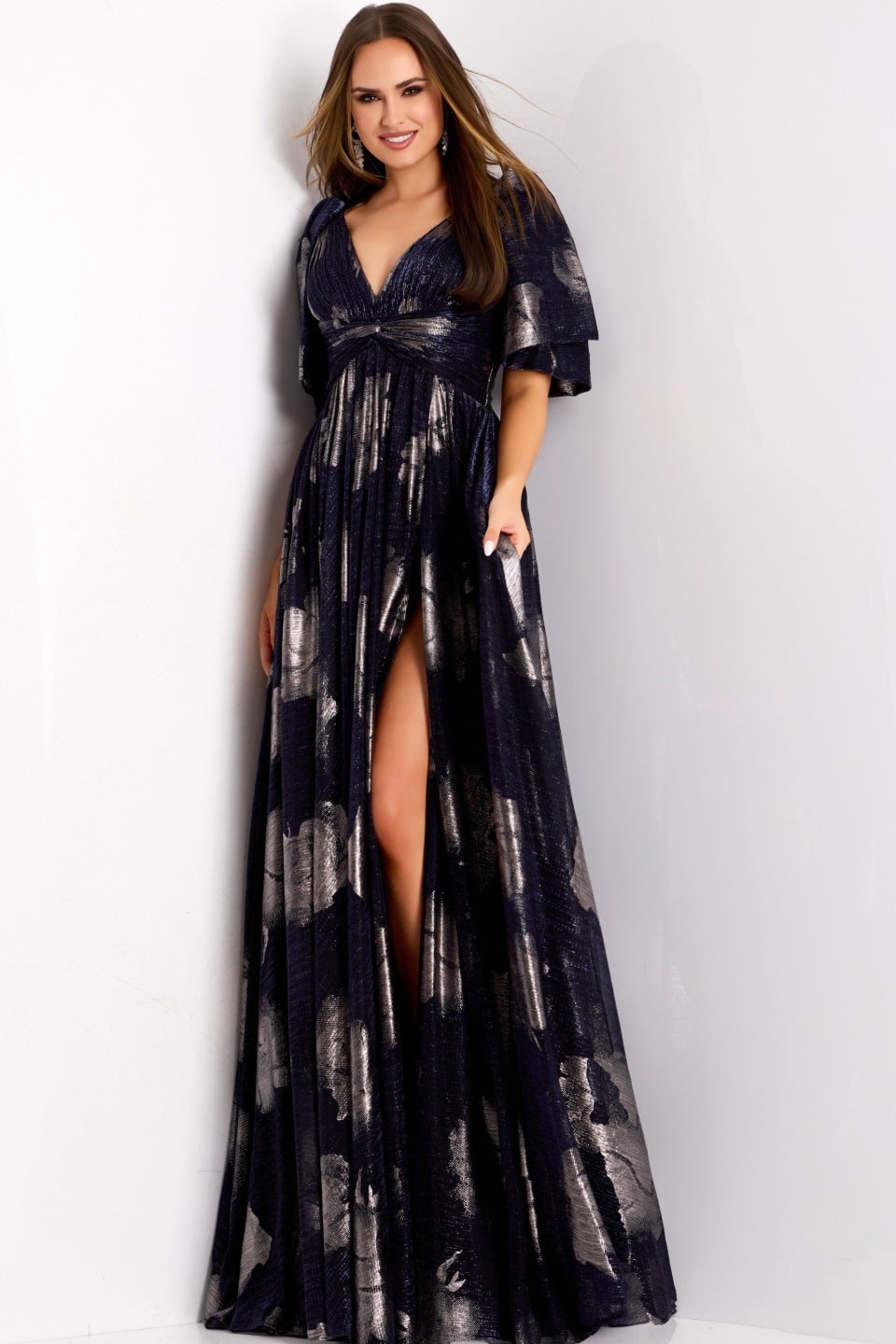 Jovani -44374 Metallic Jacquard V-Neck A-line Gown