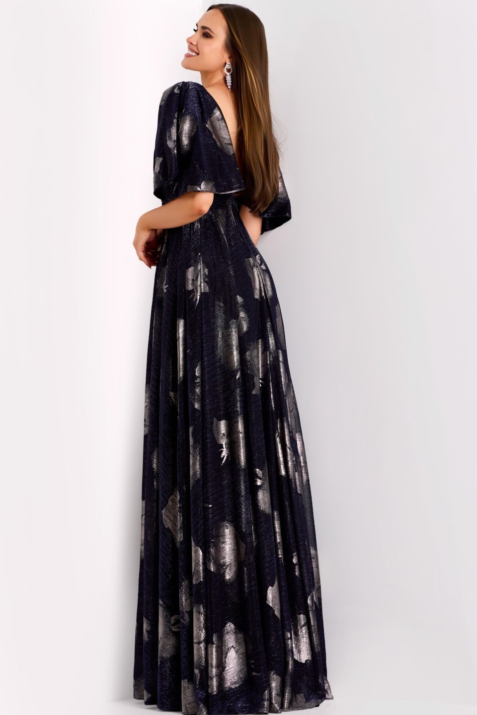 Jovani -44374 Metallic Jacquard V-Neck A-line Gown