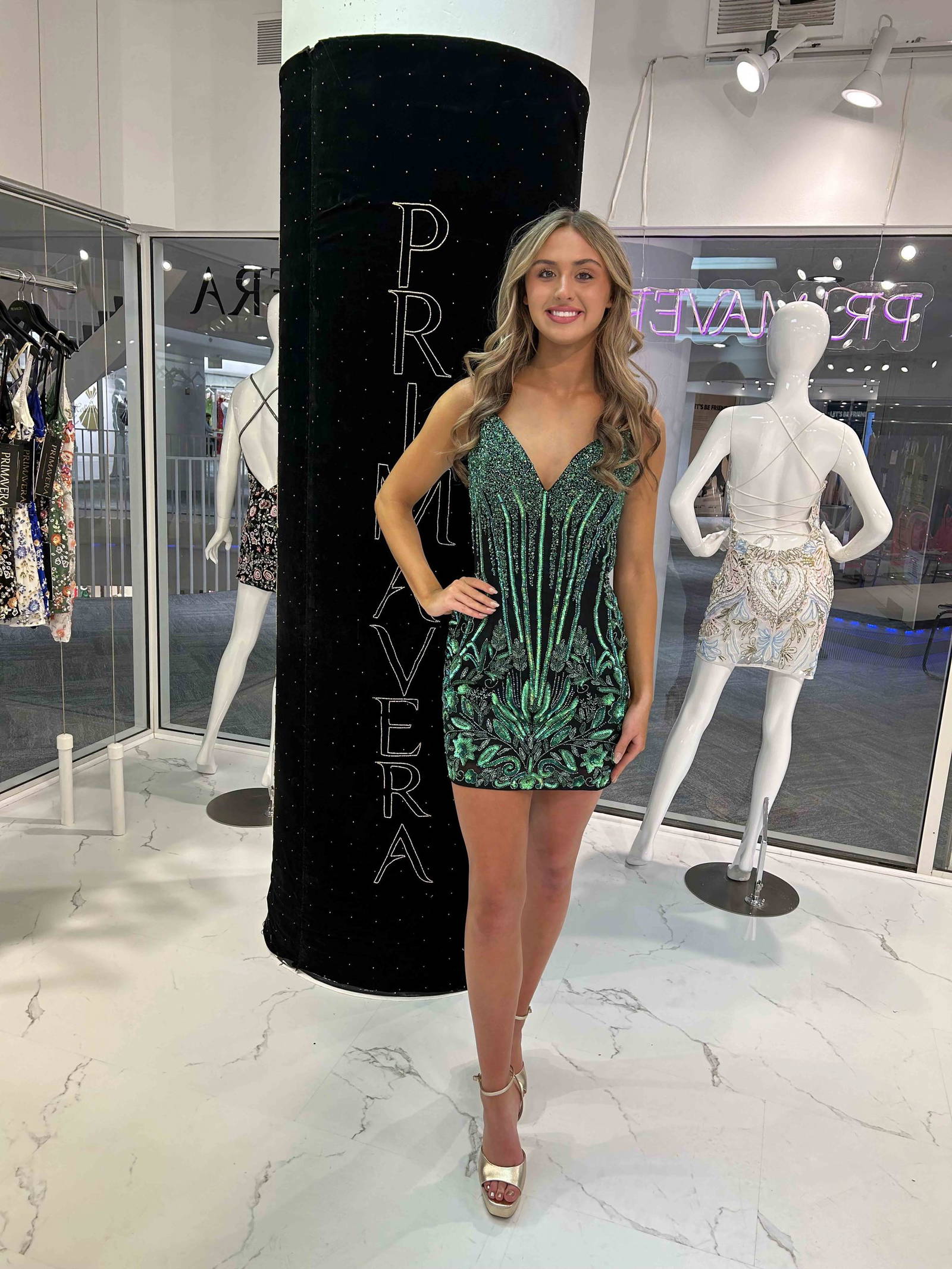Primavera Couture -4449 Spaghetti Strap Sequined Short Dress With Deep V Neckline