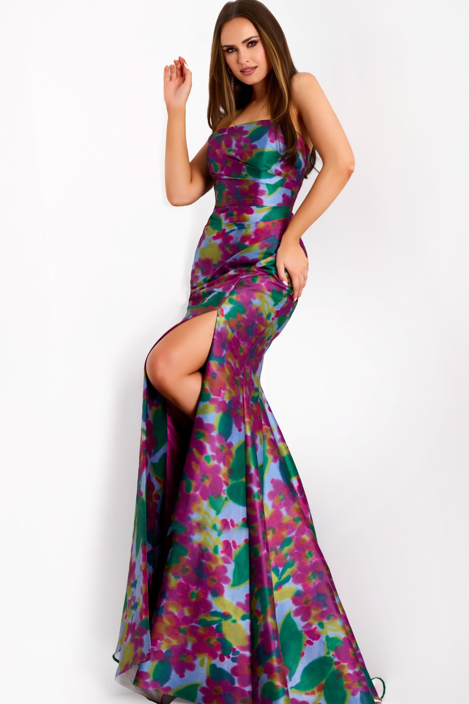 Jovani -44714B Strapless Floral High Slit Gown
