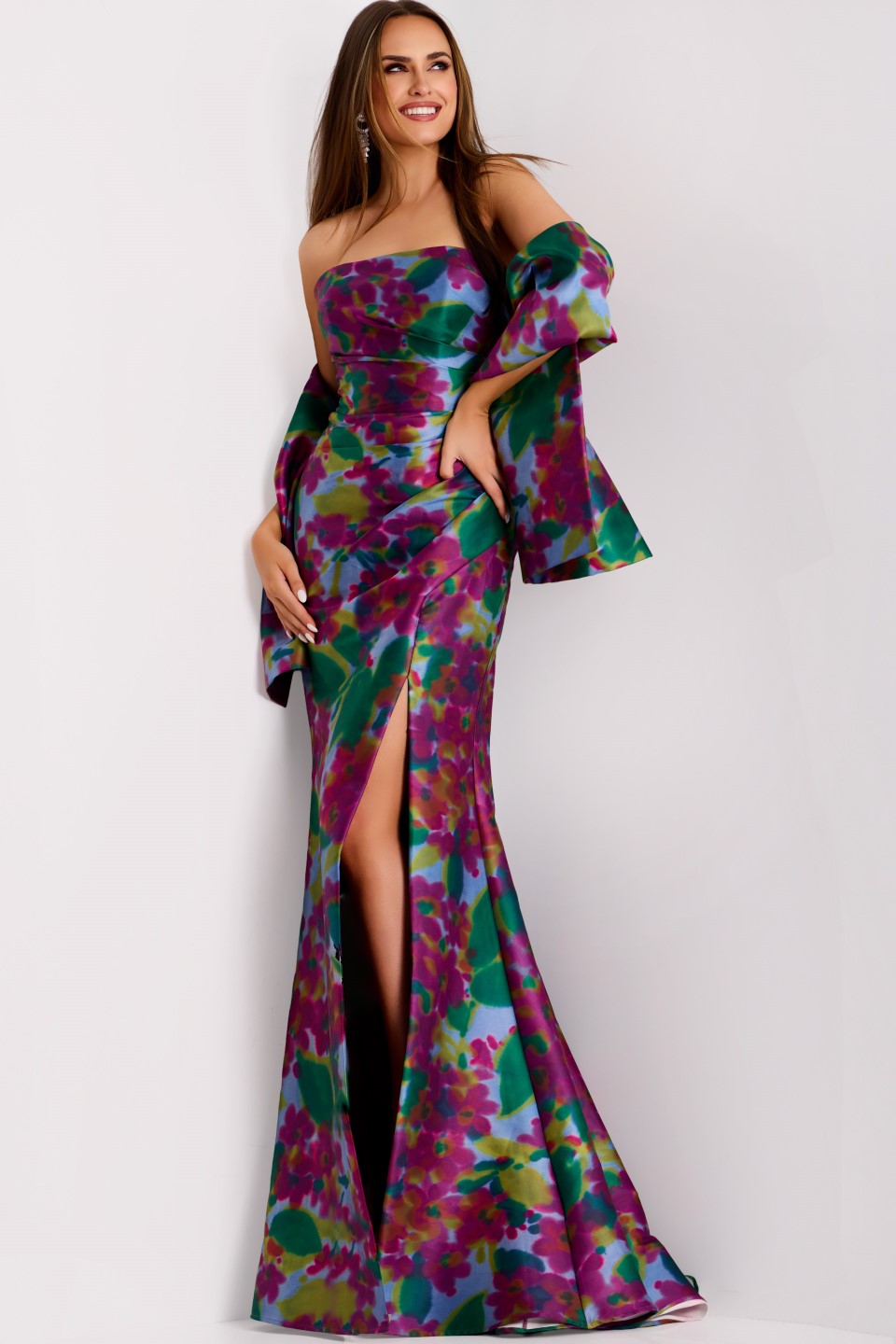 Jovani -44714B Strapless Floral High Slit Gown