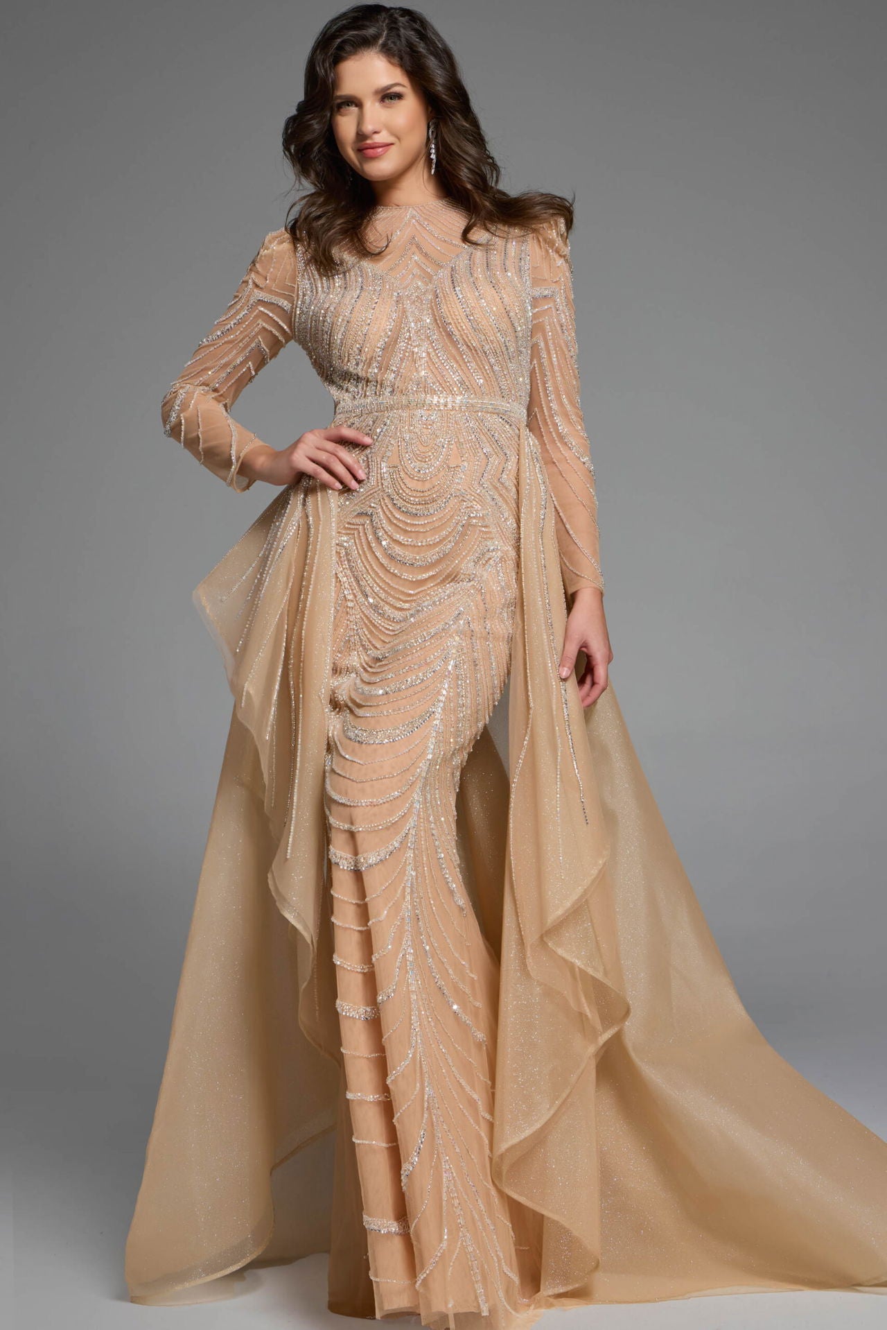 Jovani -44841 Beaded Embellished Long Sleeve Gown