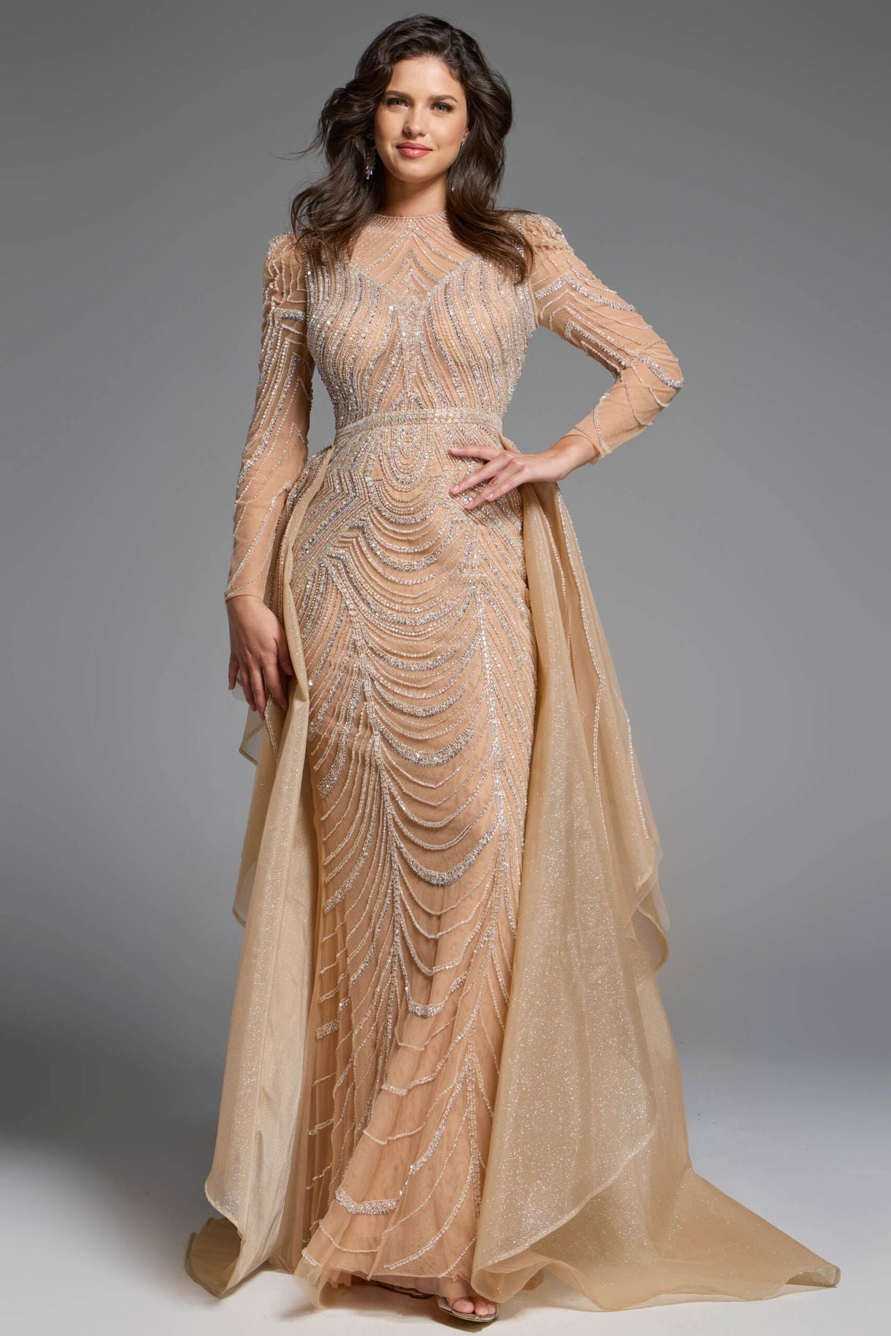 Jovani -44841 Beaded Embellished Long Sleeve Gown