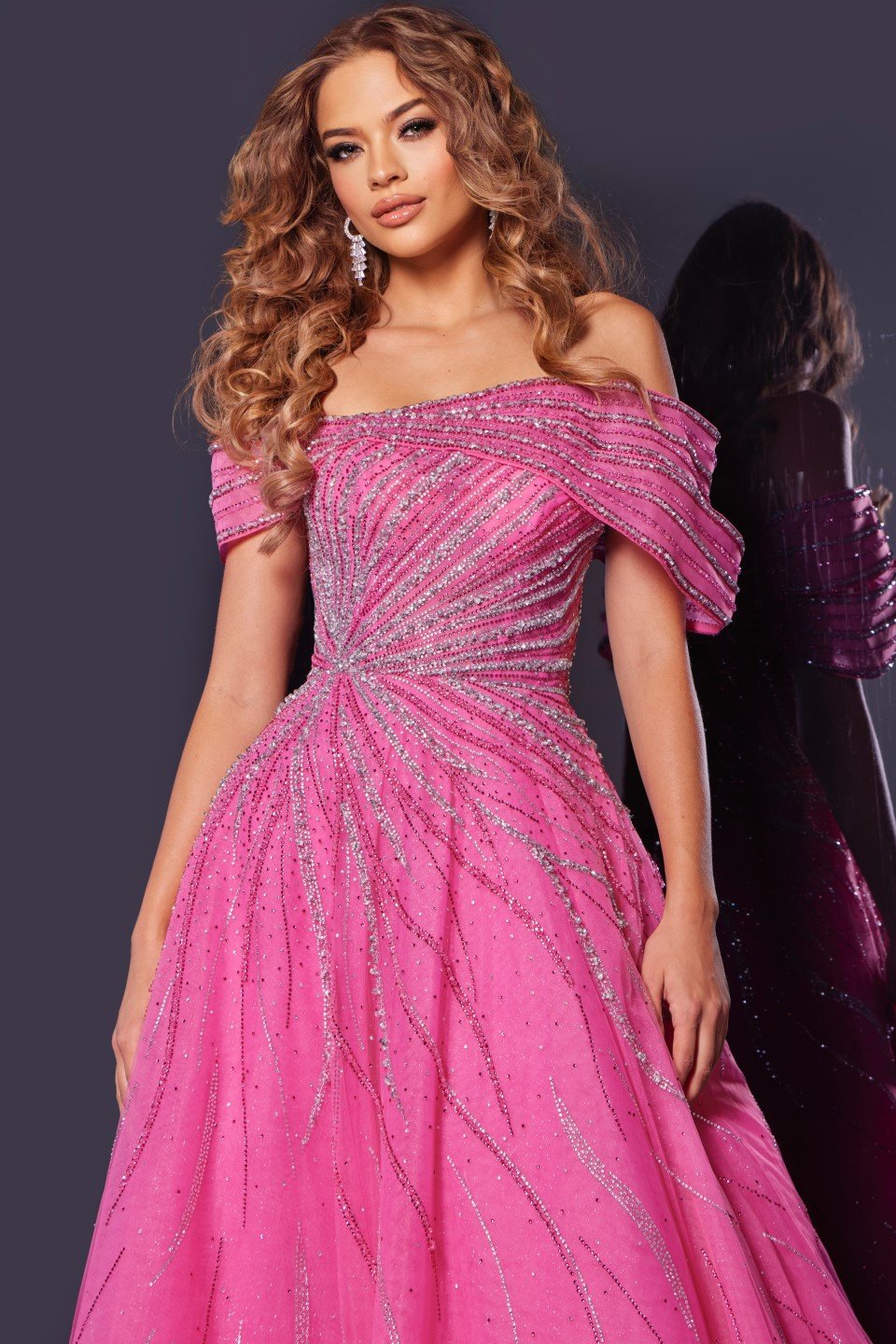 Jovani -45067 Off-the-Shoulder A-Line Prom Gown with Glittering Beaded Detail