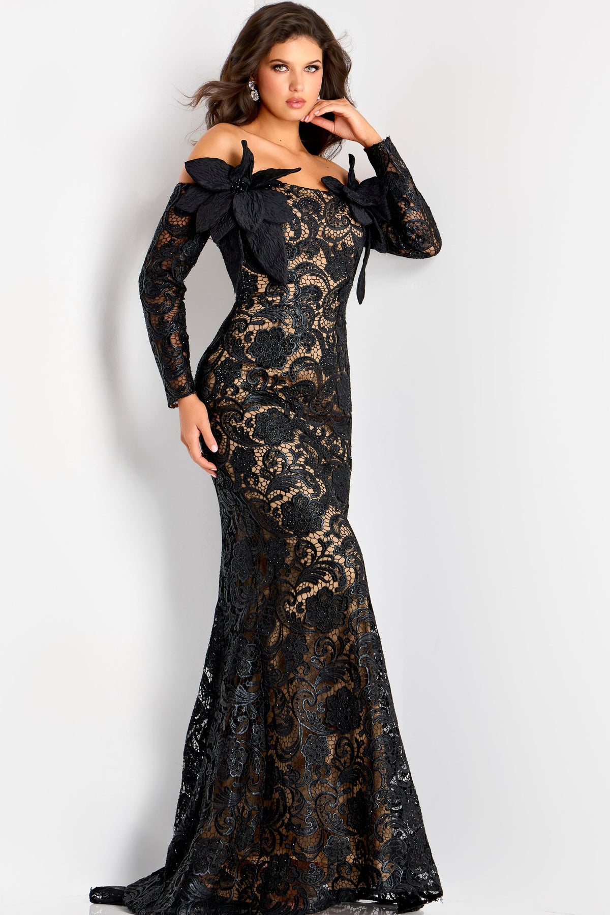 Jovani -45345 Floral Lace Off Shoulder Mermaid Evening Gown