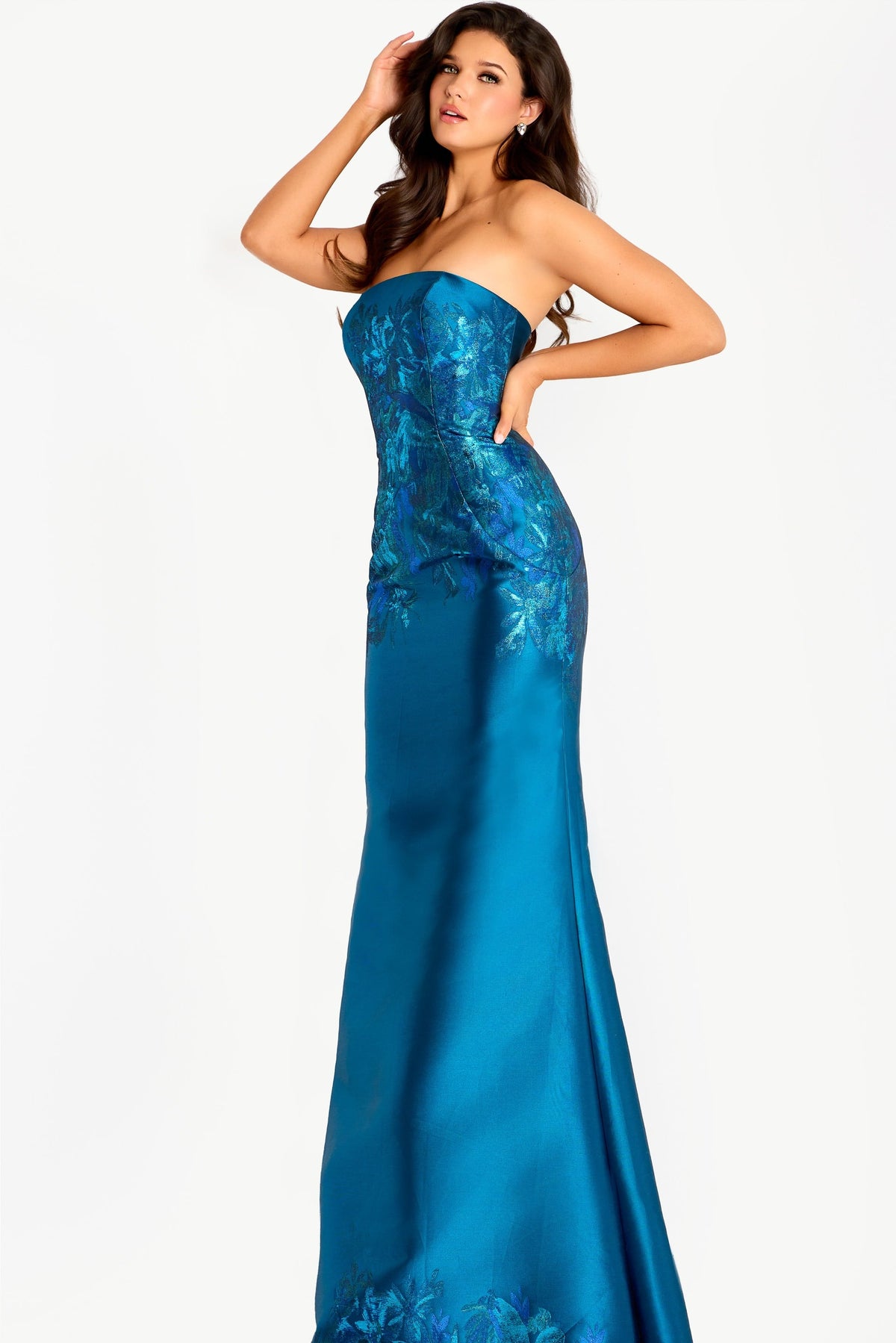 Jovani -45577B Floral Embroidery Strapless Column Gown