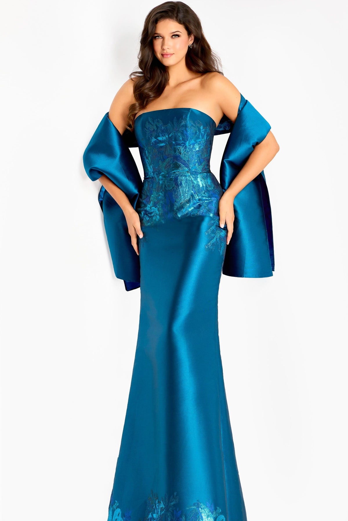 Jovani -45577B Floral Embroidery Strapless Column Gown