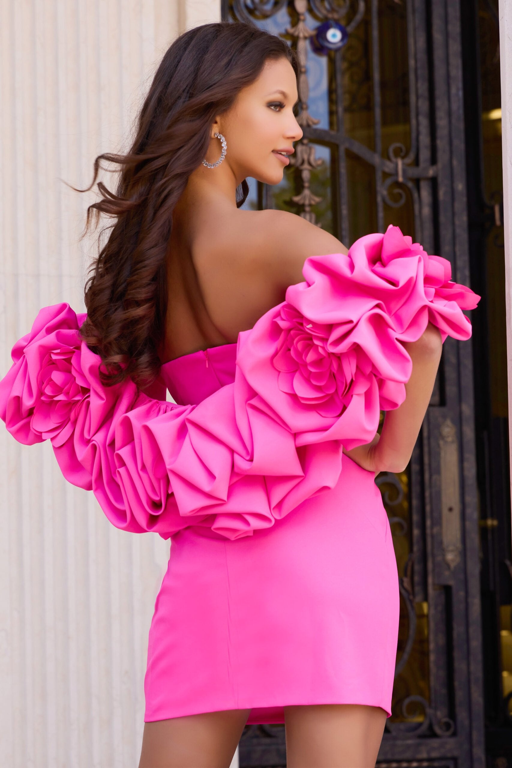 Jovani -45652 Floral Sleeves Strapless Fitted Short Dress