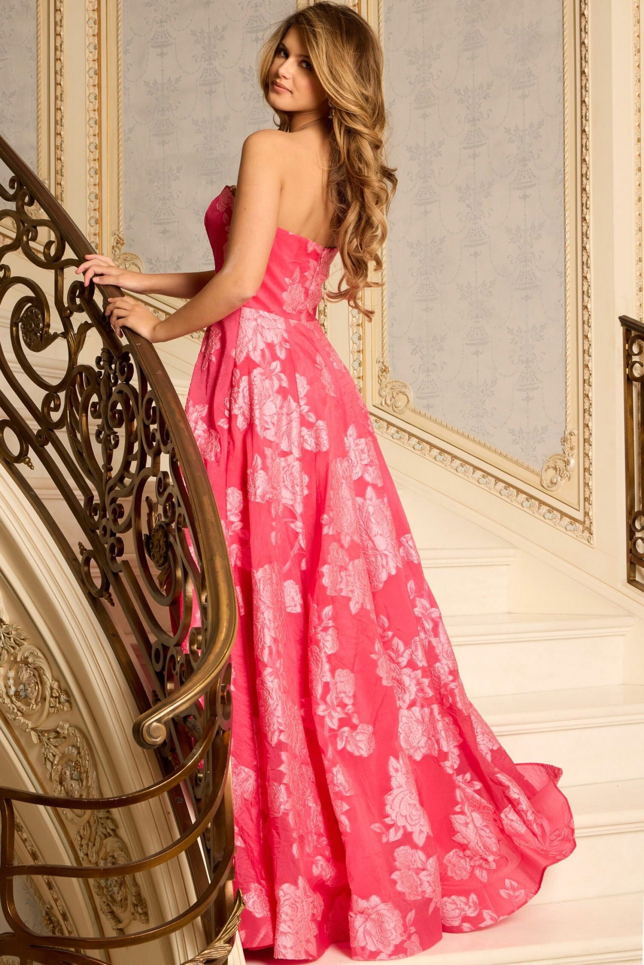 Jovani -45721 Floral Embroidery Strapless Jacquard Gown